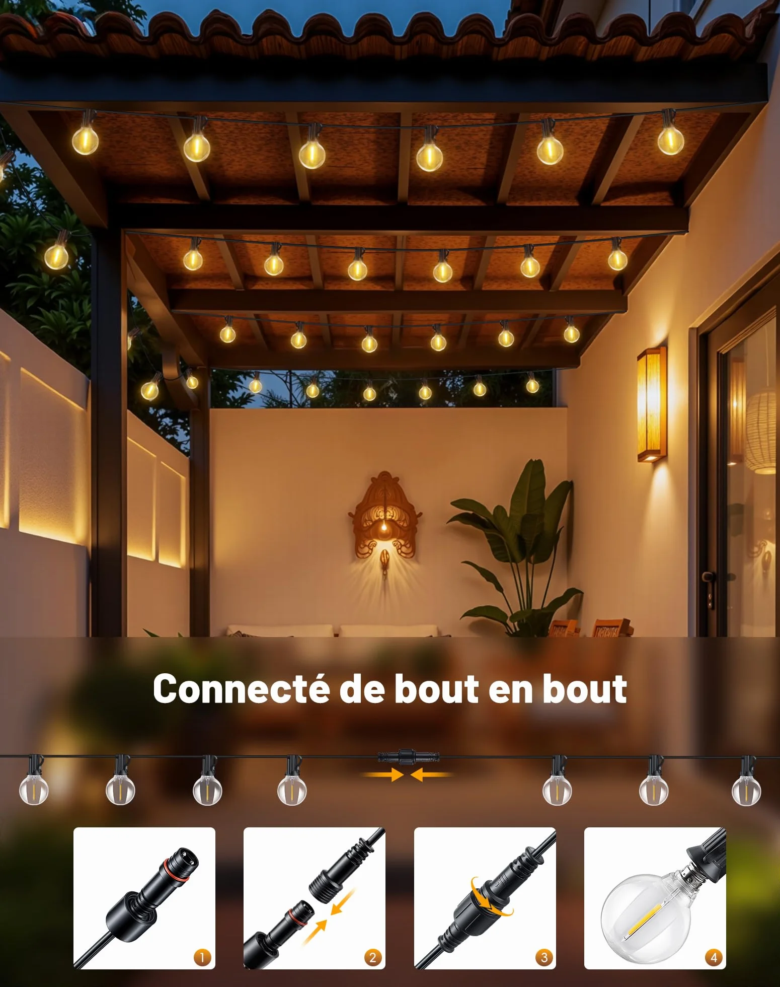Guirlande Lumineuse Extérieure LED G40 9M Incassable Étanche Connectable Blanc Chaud