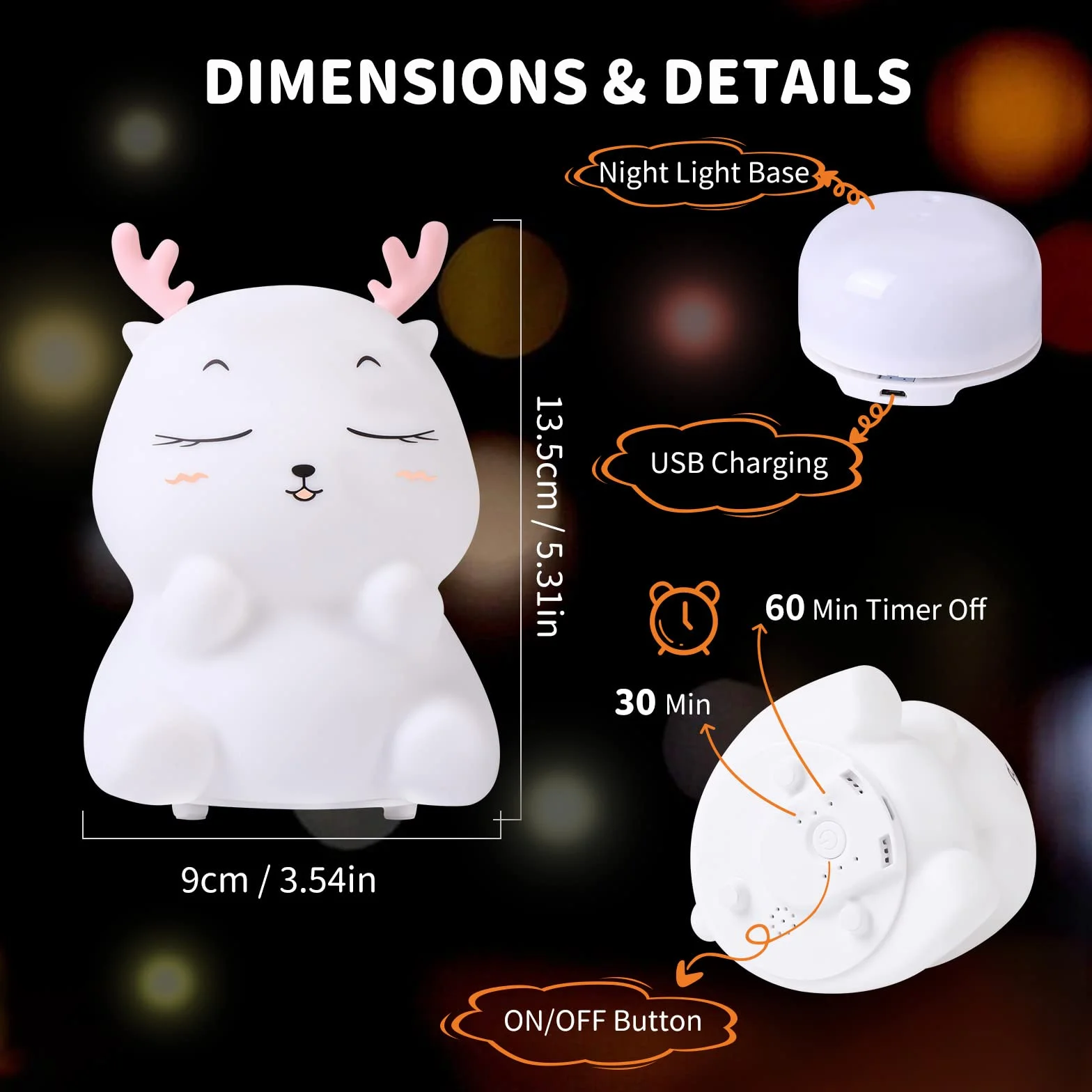 Veilleuse Enfant Rechargeable 7 Couleurs LED Silicone Lampe de Chevet Tactile Cerf