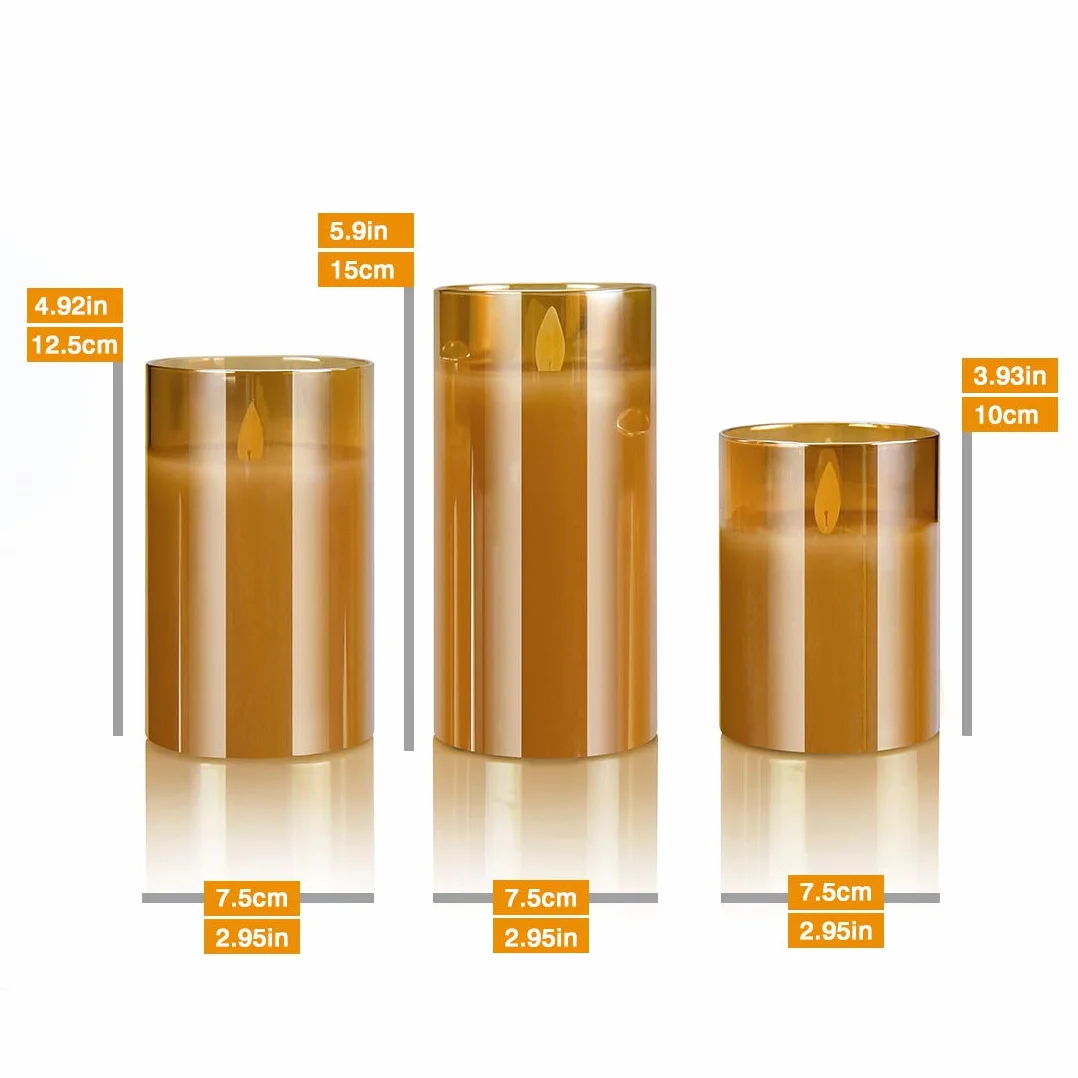 Bougies LED Sans Flamme 10-15cm Piliers Verre Doré avec Télécommande et Minuterie