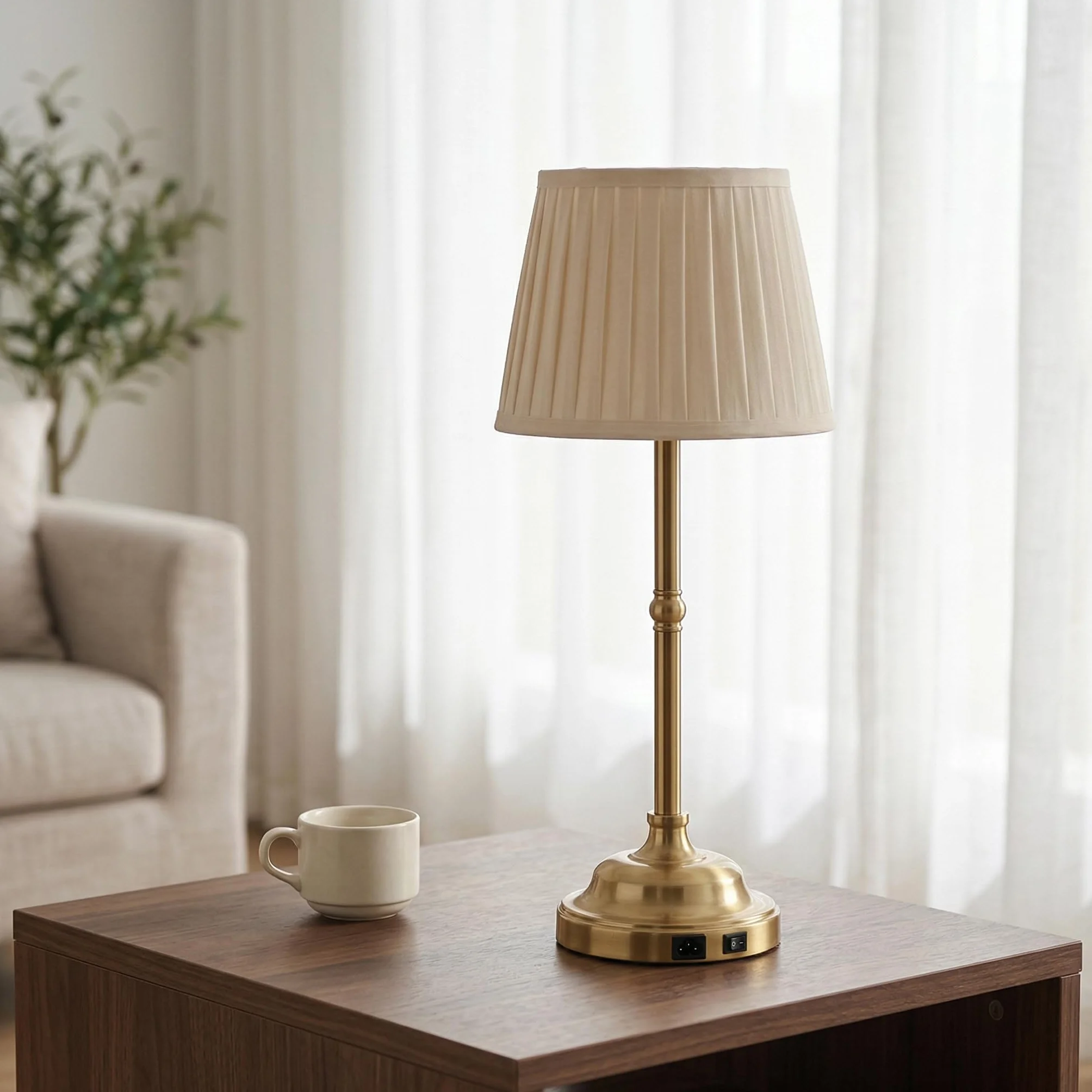 Lampe de Table Sans Fil Rechargeable LED, Lampe Chevet Retro Abat-jour Tissu, 3 Couleurs Intensité Variable USB Design Vintage