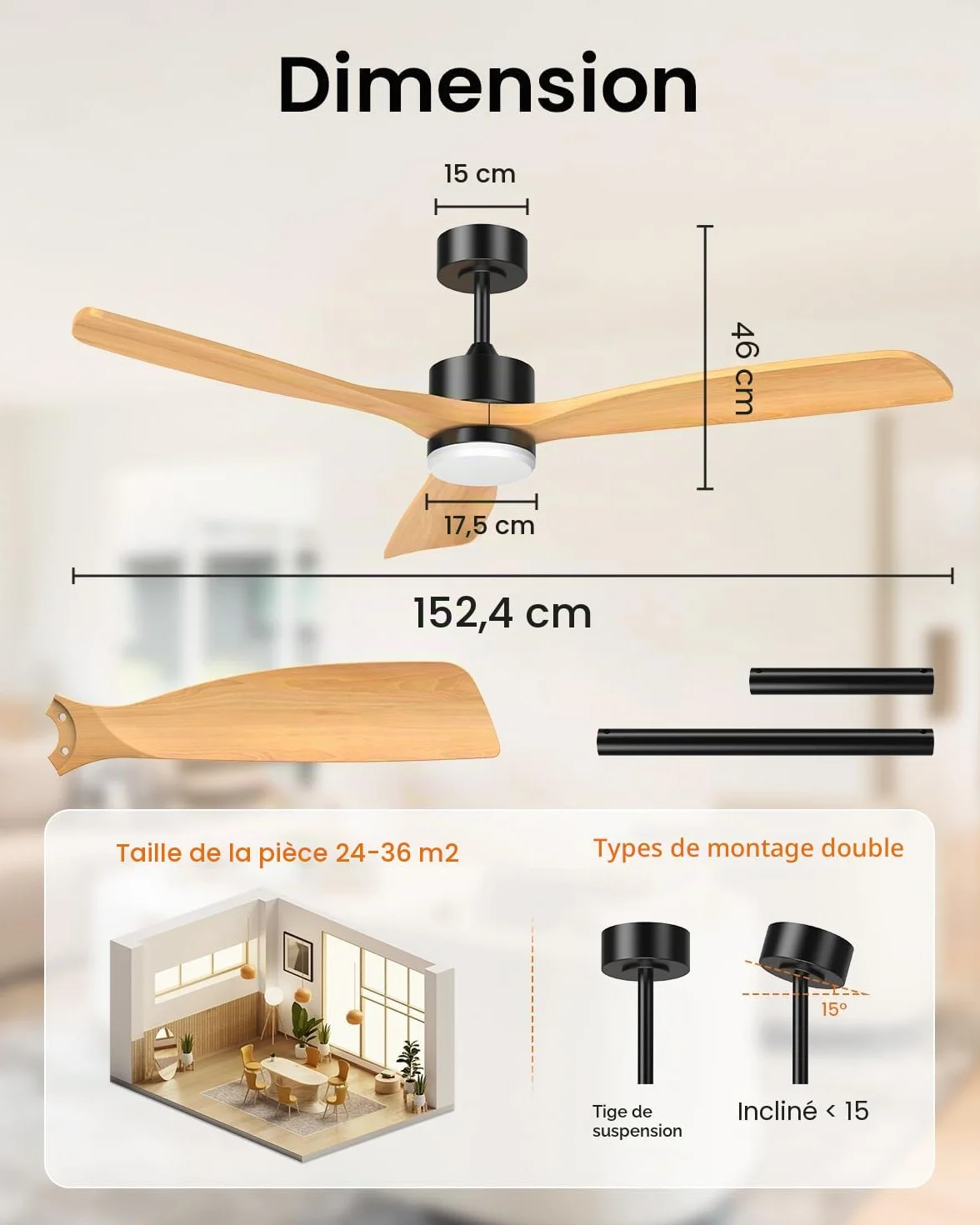 Airwit 152cm Ventilateur Plafond Grand Pales Bois Massif LED Réglable Télécommande Moteur DC Silencieux Réversible