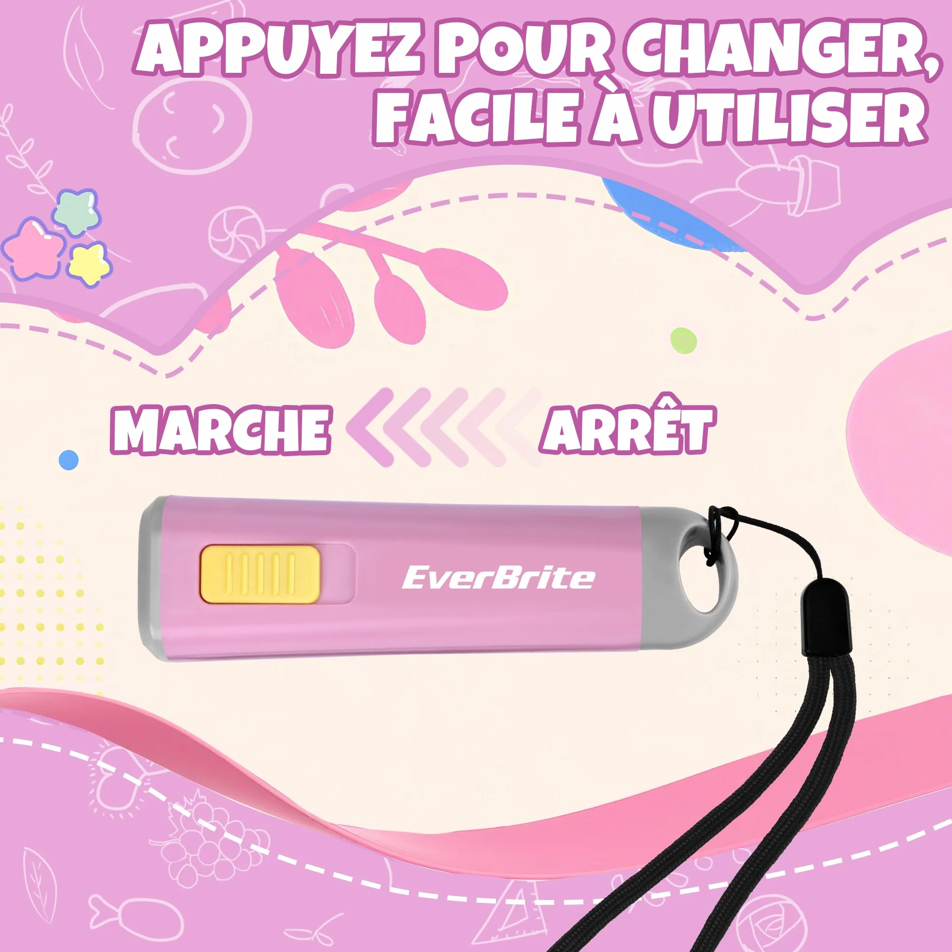 EverBrite Mini Lampe de Poche LED Rose, Lampe Torche Léger 46g Lumière Jaune, 3 Piles AAA Incluses