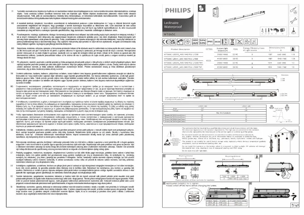Philips Réglette LED Étanche Ledinaire WT065C 30/53W 4100/6800lm 840 Blanc Froid 150cm