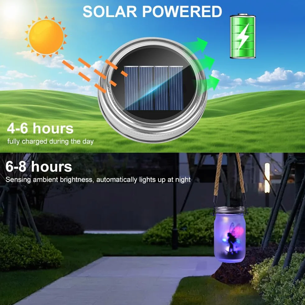 Lampe Solaire pour Couvercle de Bocal Mason Lot de 3, Guirlande Lumineuse 20 LED, Décoration Jardin