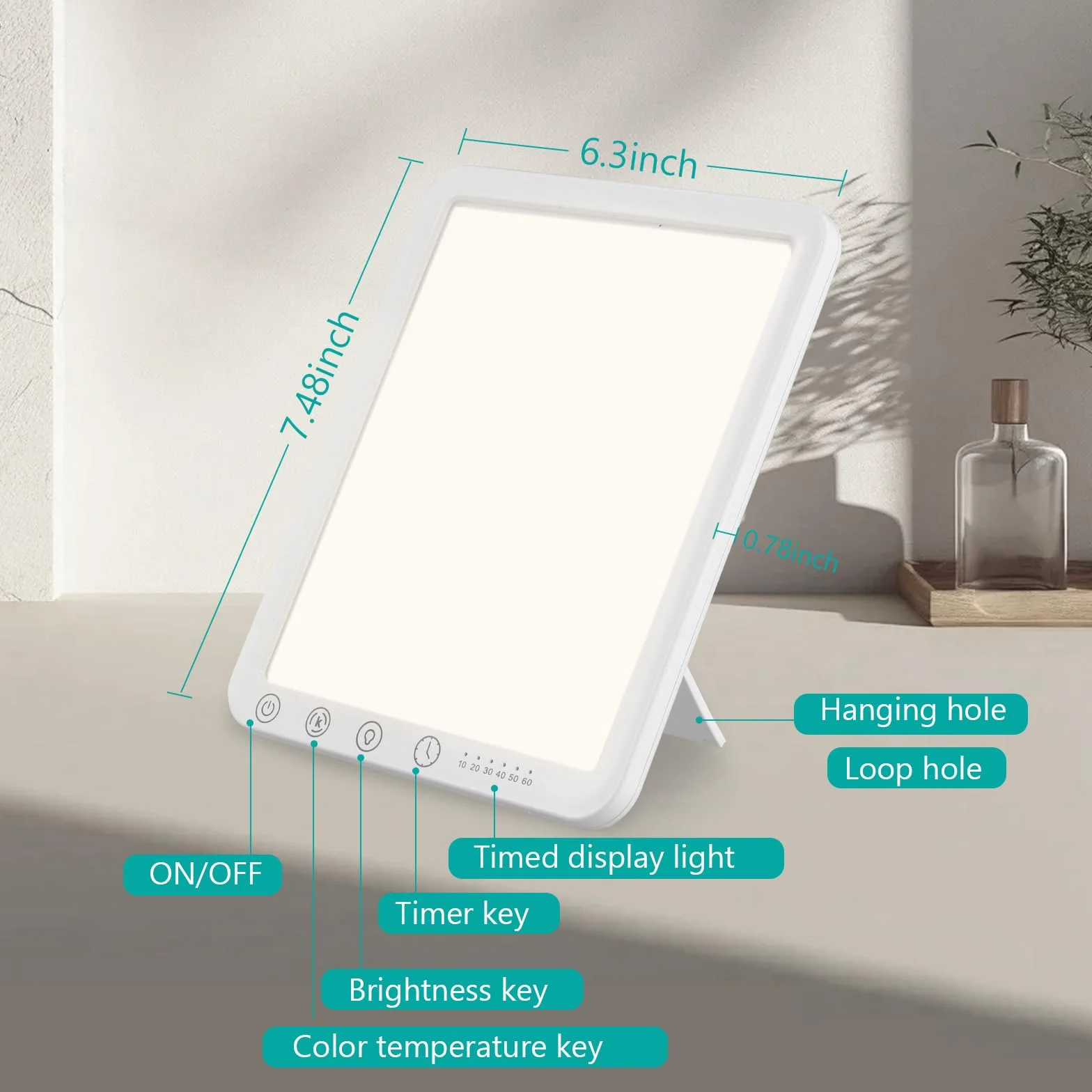 Lampe de Luminothérapie 10000 Lux, 3 Températures de Couleur, Minuterie, Support Pliant 45°