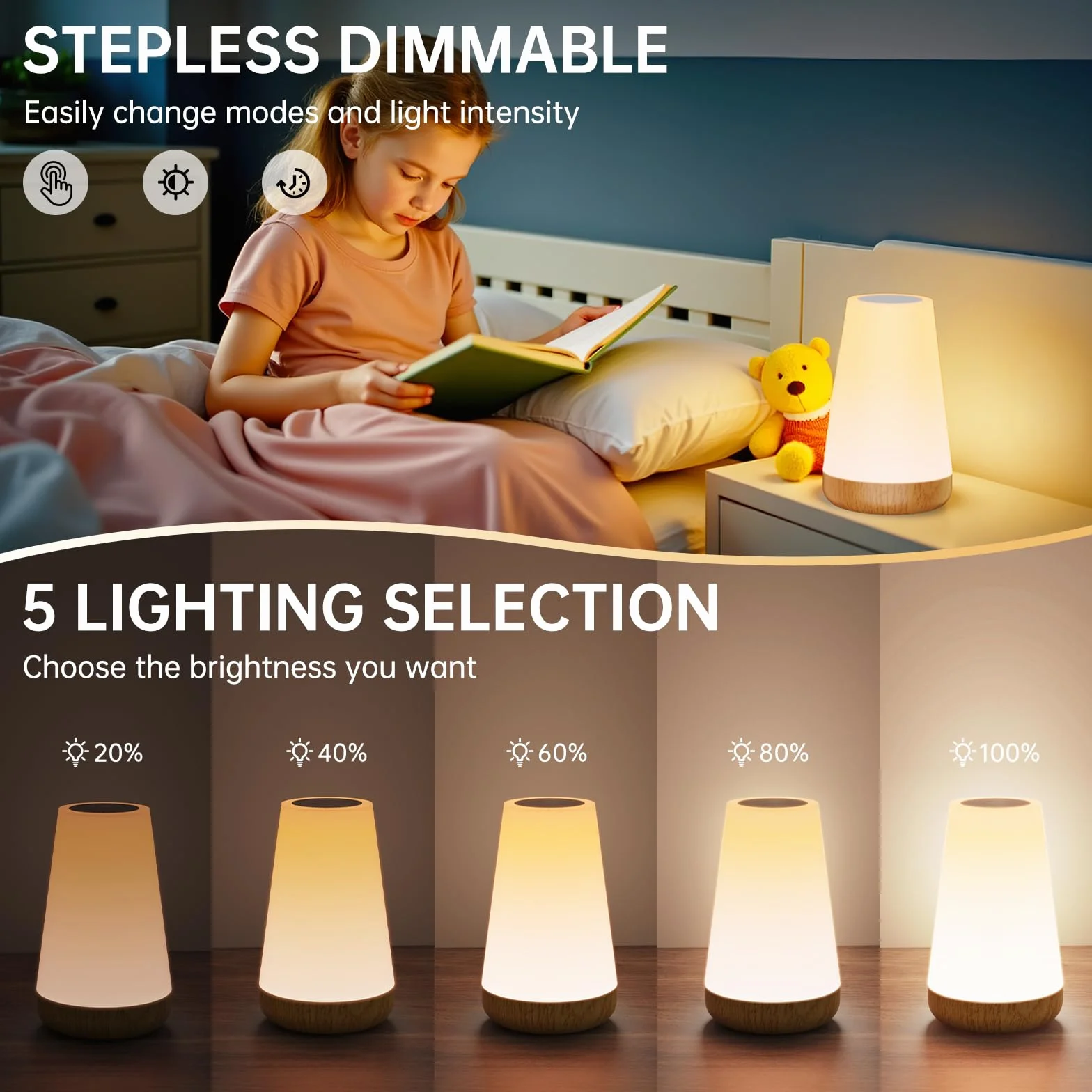 Lampe de Chevet LED Rechargeable 13 Couleurs 5 Niveaux Tactile Veilleuse Sans Fil Enfant