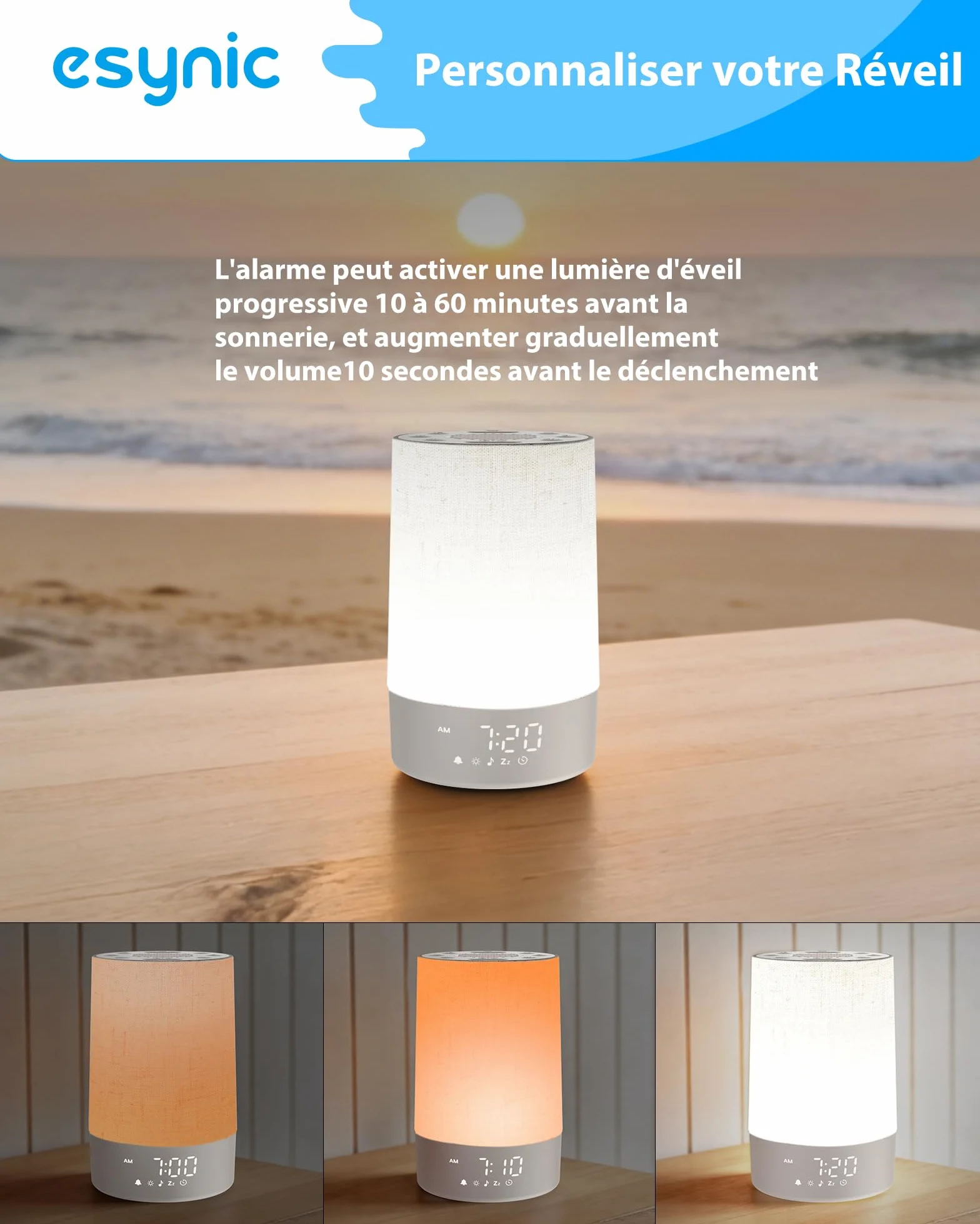 eSynic Réveil Lumineux Simulateur d'Aube 30 Sons Blanc Bruit 10 Couleurs Luminosité Volume Réglable Snooze Minuteur