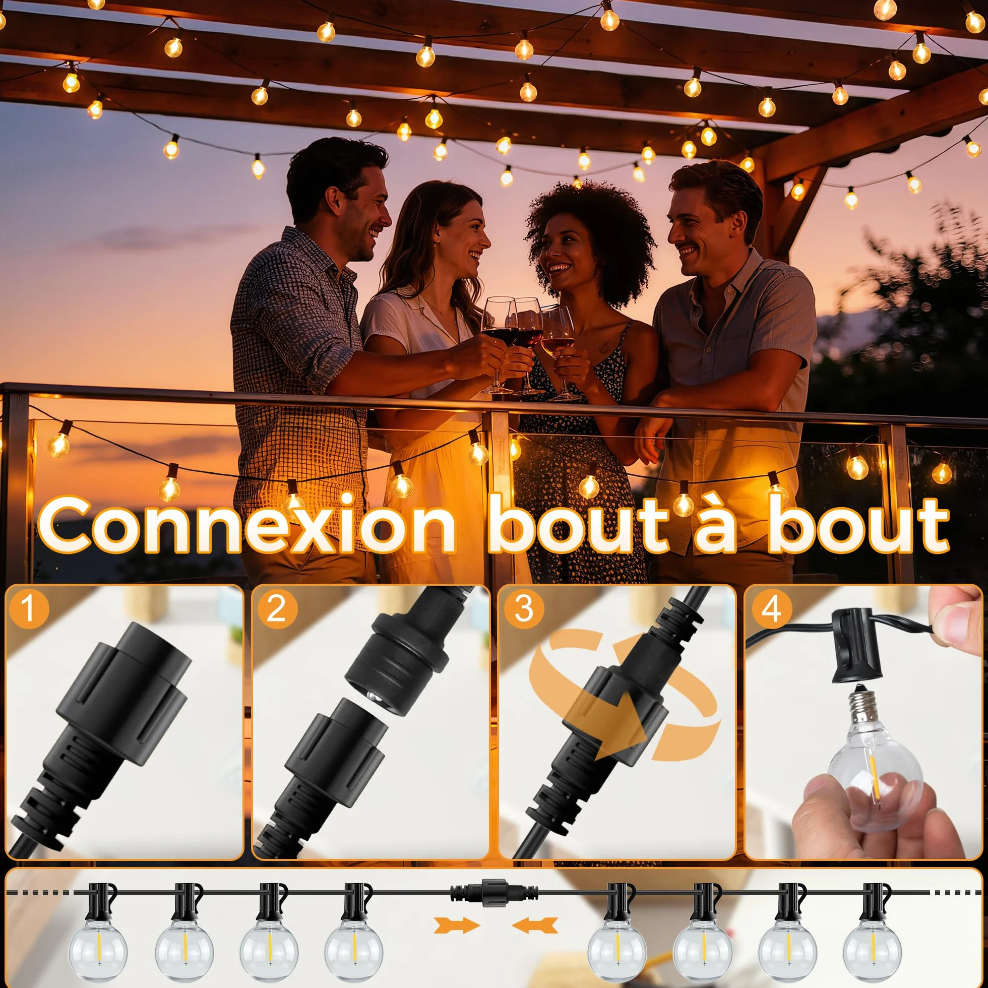 Guirlande Lumineuse Exterieure 10M IP45 Imperméable Connectable LED G40 Ampoules Plug&Play