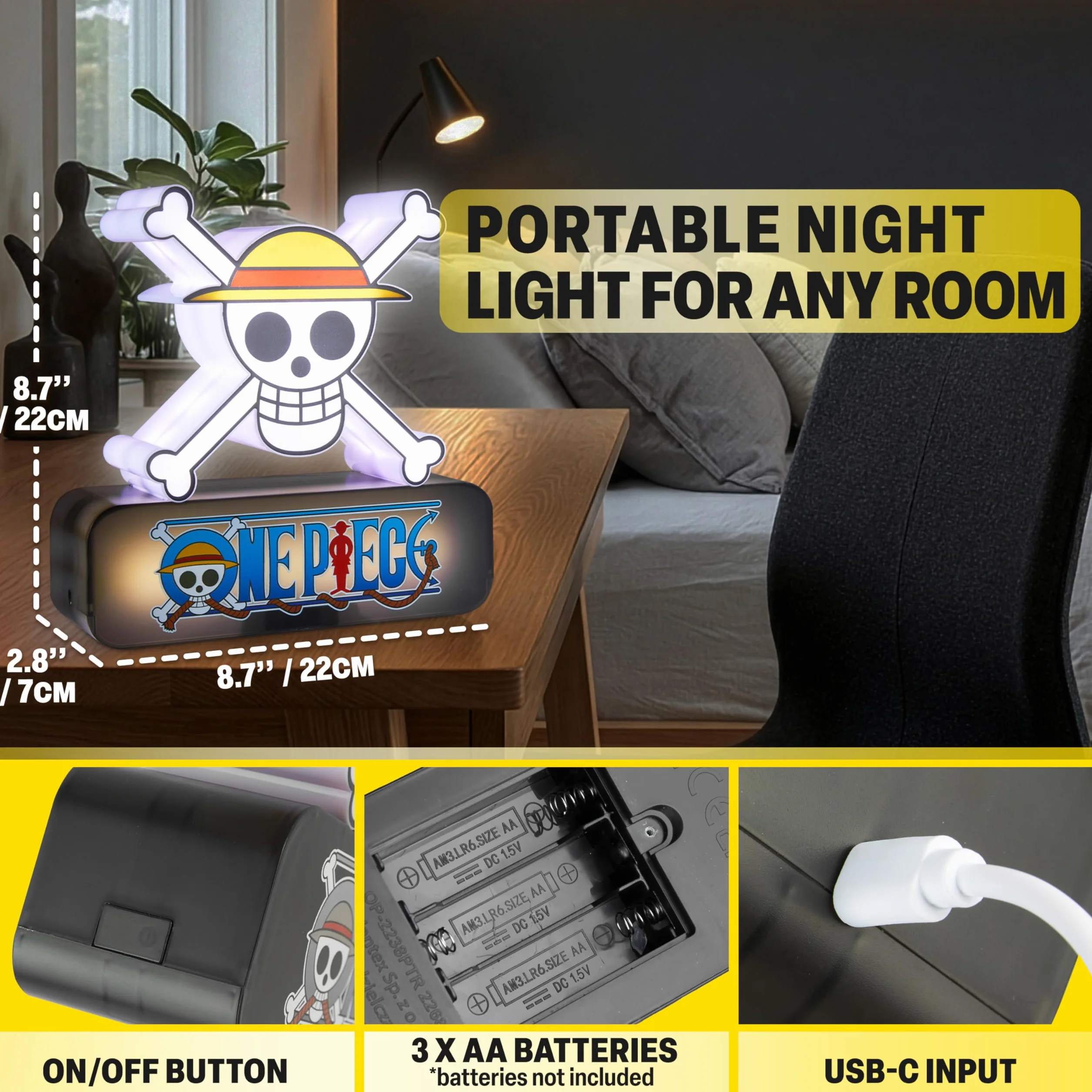 One Piece Skull 3D Lampe LED Table de Chevet 3 Niveaux Luminosité USB C Pile Figurine Manga Veilleuse