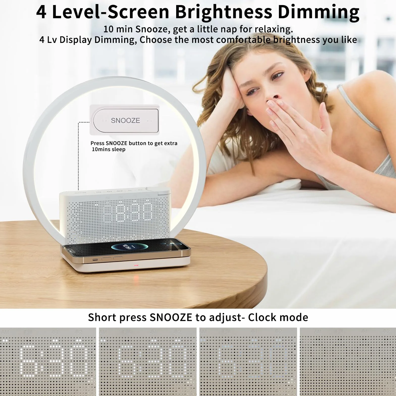 Lampe de chevet tactile avec chargeur sans fil Qi 10W, réveil lumineux 10 sons, 3 niveaux de luminosité chambre