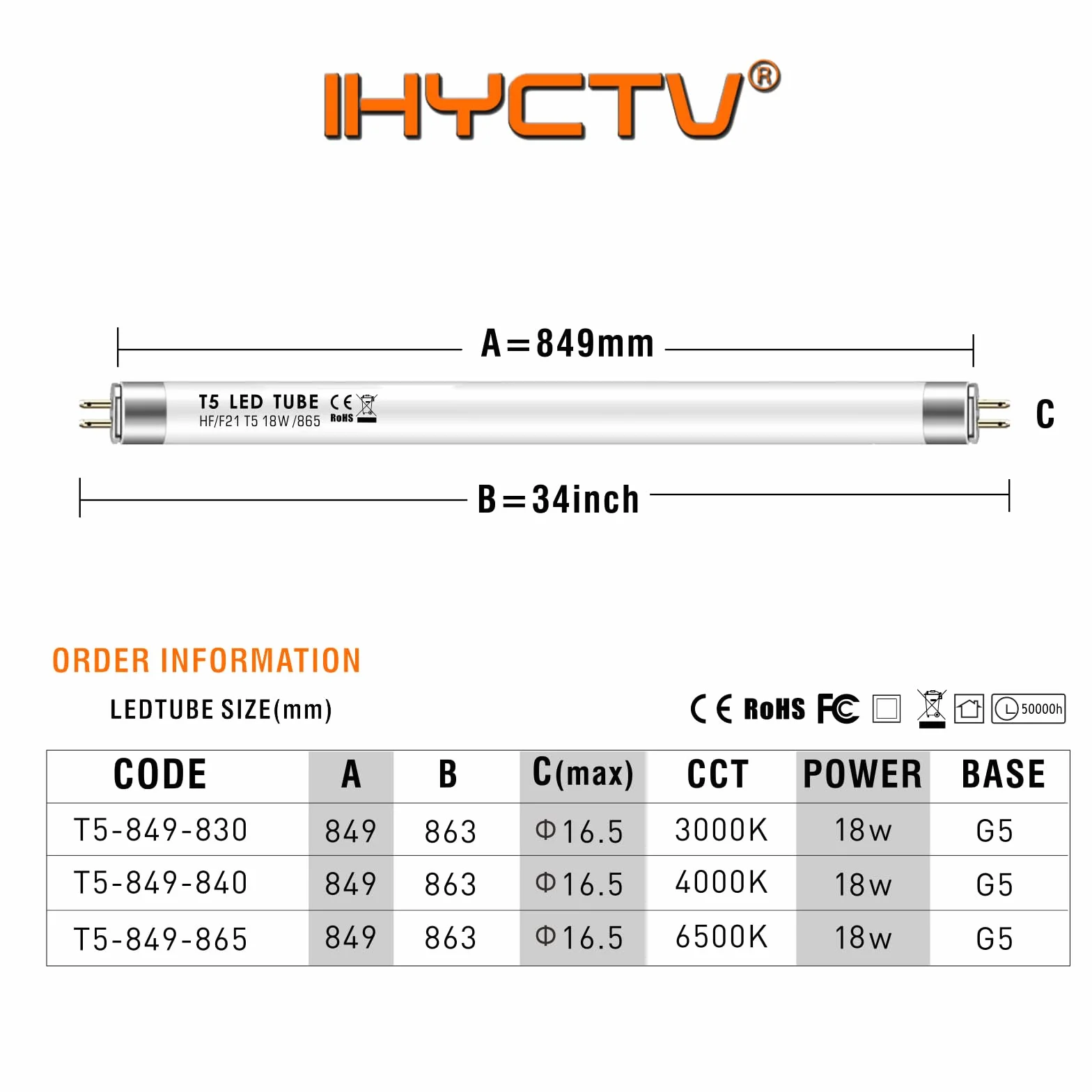 IHYCTV Tube LED T5 18W 849mm 6500K 2050lm Angle 300° Sans recâblage Lot de 1