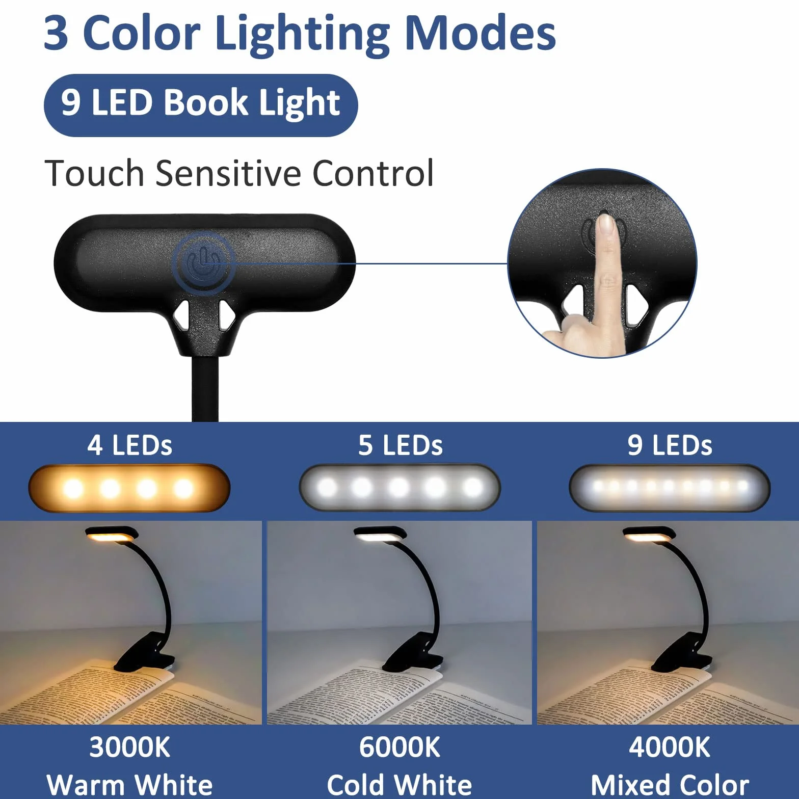Lampe de Lecture USB Rechargeable, 3 Modes Protection des Yeux, Gradation Progressive, 360° Cou Flexible, Portable, Noir