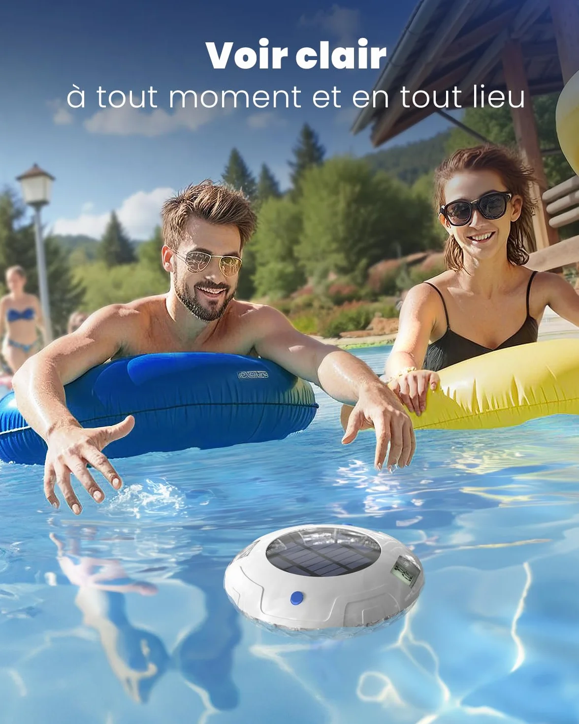 Lampe de piscine solaire avec thermomètre LCD, 8 effets lumineux, étanche IPX7