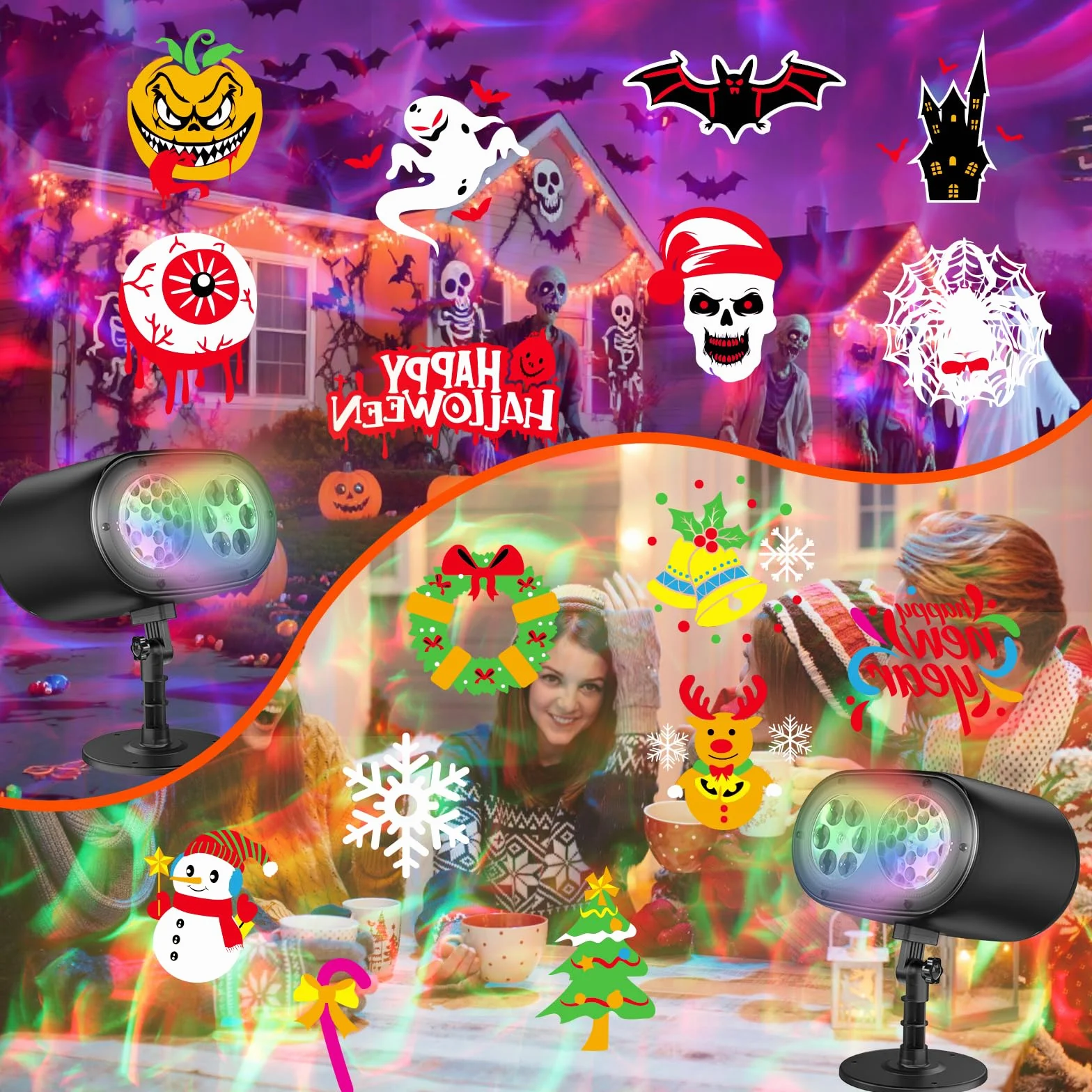 Projecteur LED Noël Extérieur 2 en 1 avec 12 Diapositives 7 Couleurs Effet de Vague d'eau