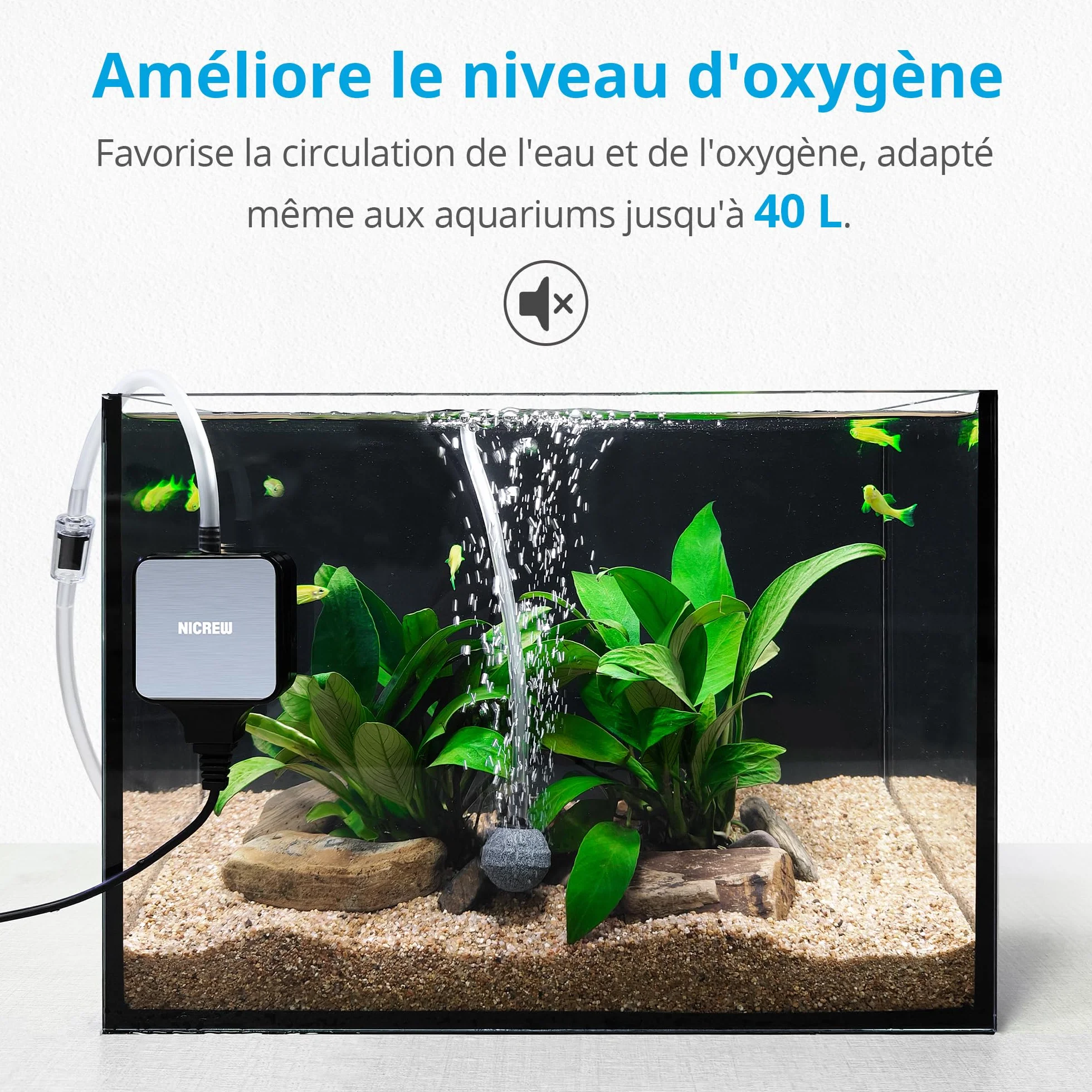 NICREW Bulleur Aquarium Ultra-Silencieux 33 DB, Pompe à Air Nano Silent Mini 40L, 18 L/H, 1,5W