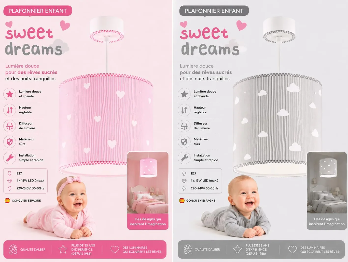 Dalber Lampe Suspension Plafonnier Enfants Sweat Dreams Pink Cœurs Rose E27