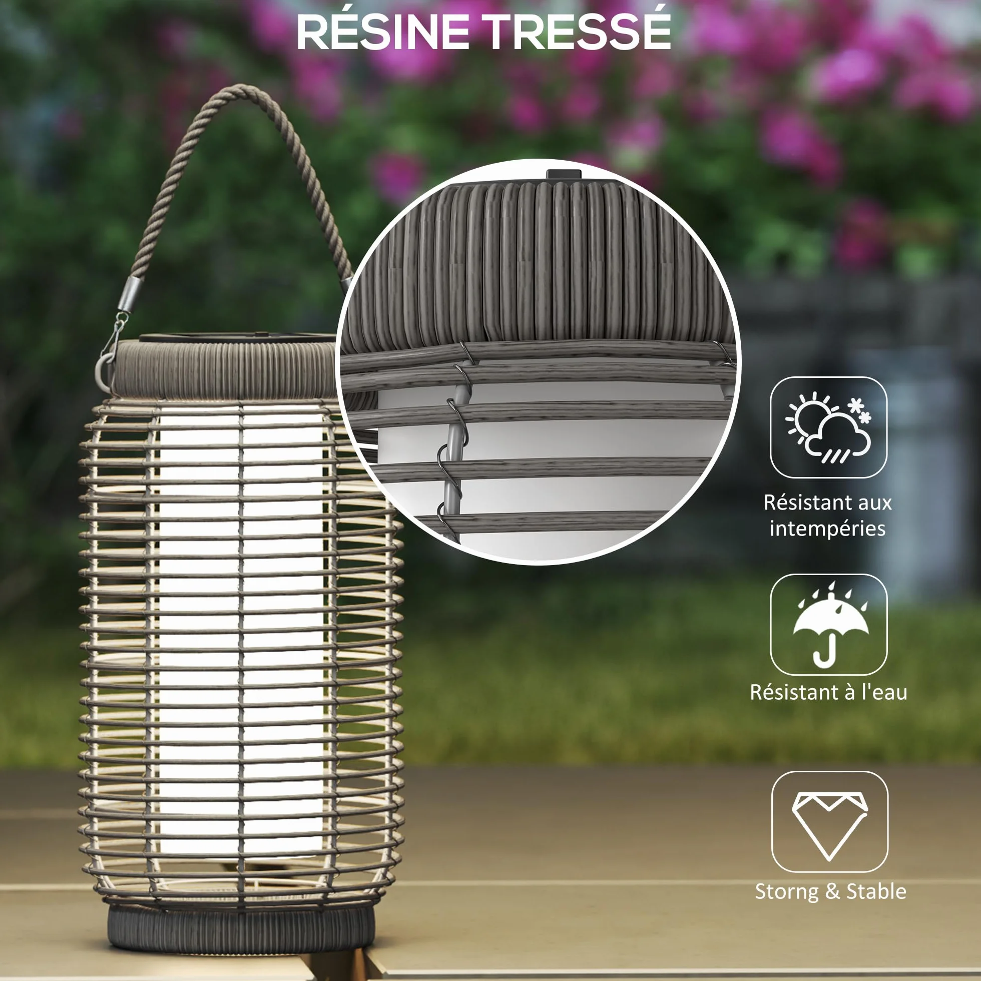 Outsunny Lampadaire d'extérieur solaire LED en résine tressée acier Ø18 x 37 cm gris