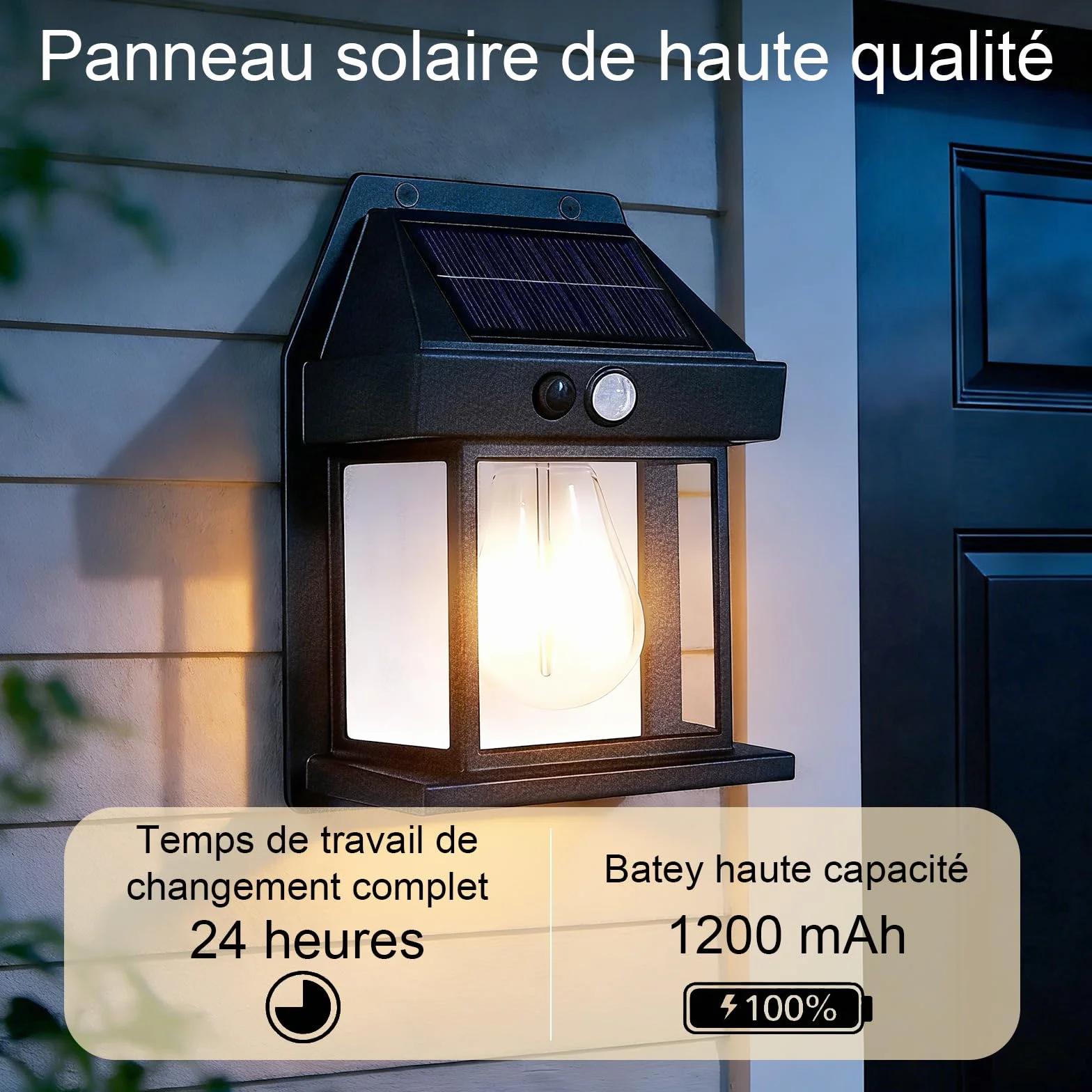 Lanterne Murale Solaire Étanche IP65 avec Détecteur de Mouvement 3 Modes 1200mAh, Éclairage Sécurité pour Jardin (Blanc chaud)