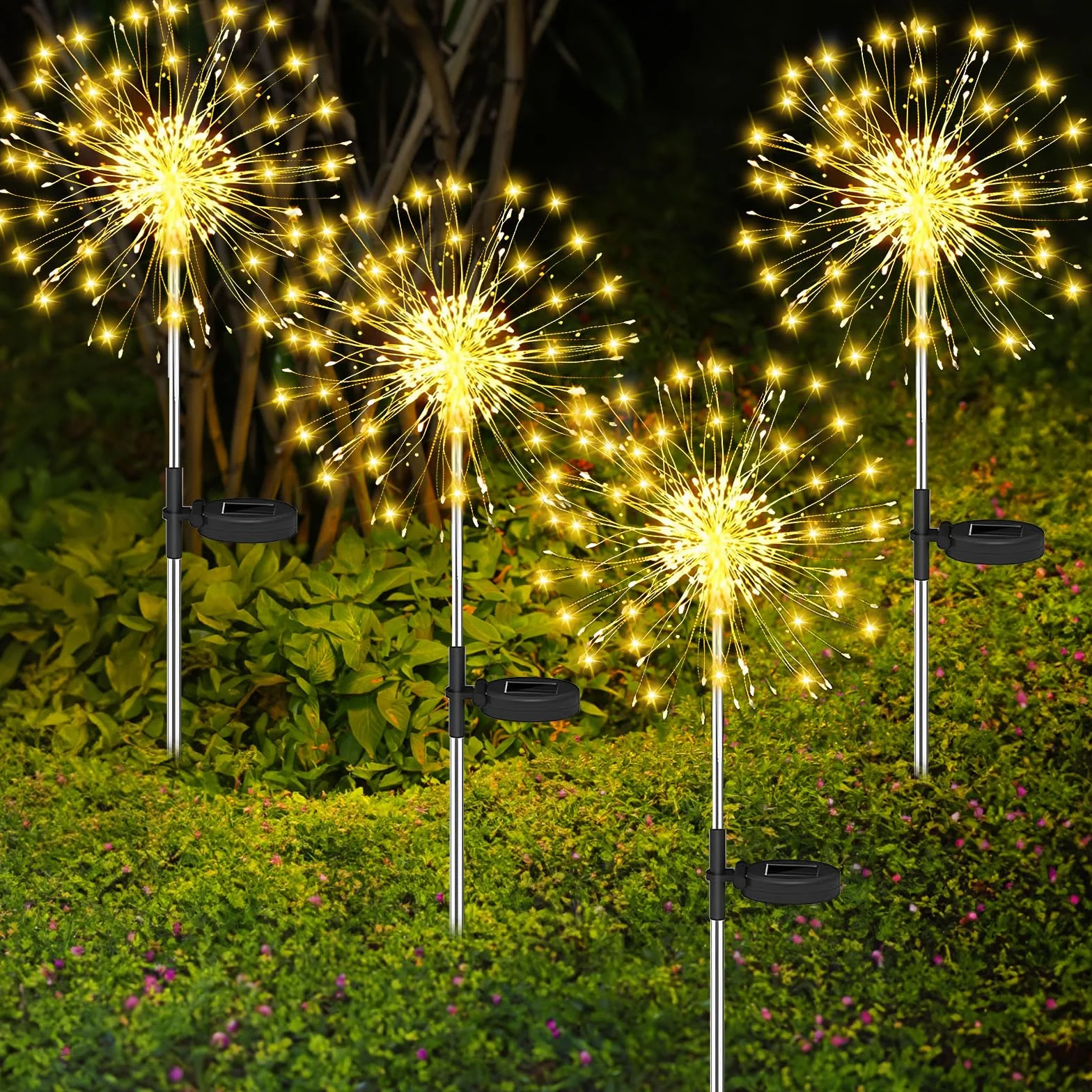 Lanterne Solaire Exterieur 4 Pièces 120 LED Blanc Chaud Étanche Pissenlit Décoration Jardin