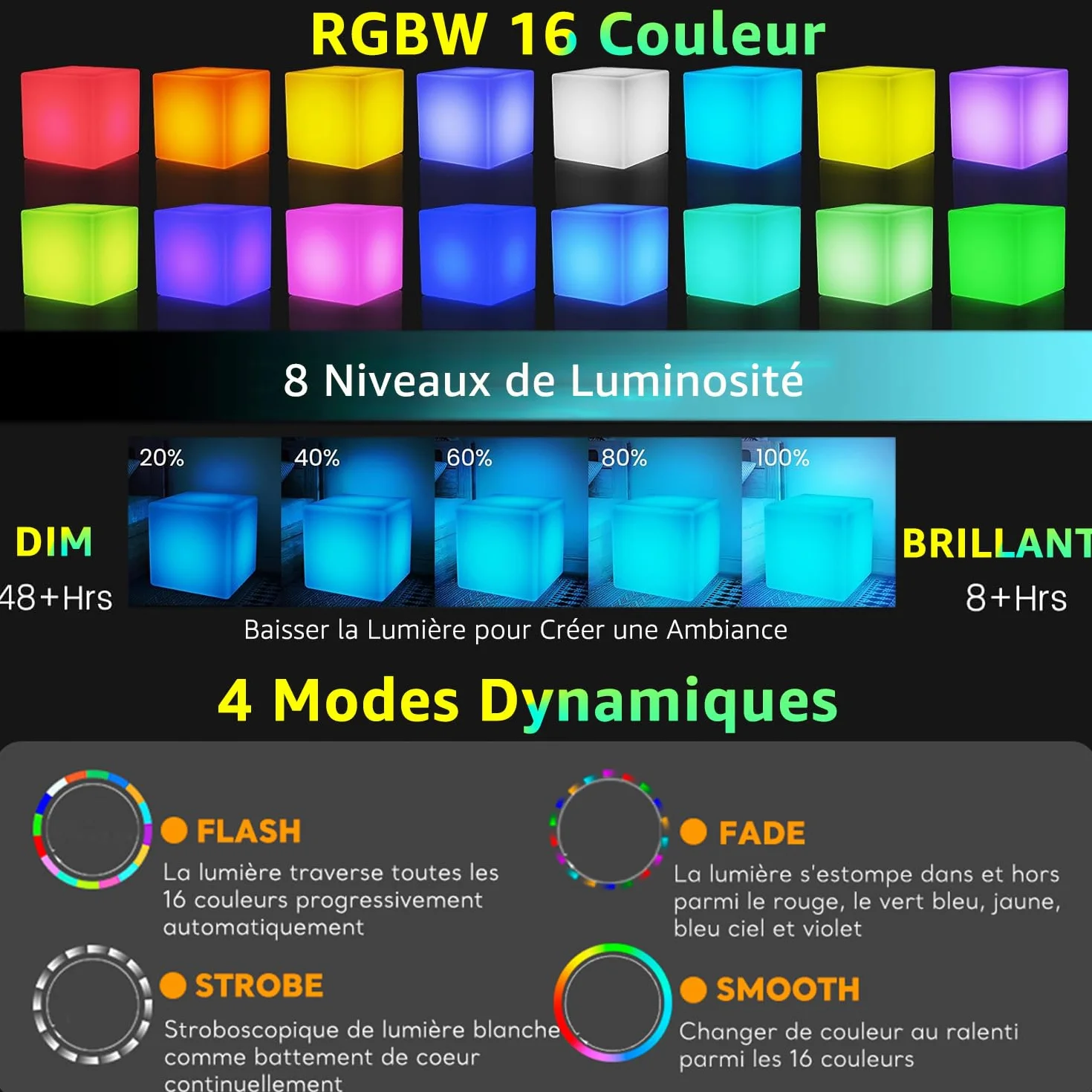Mr.Go 10" LED Cube Lumineux Lampe d'Ambiance avec Télécommande, 16 Couleurs RGB, Dimmable, Rechargeable, Imperméable Intérieur Extérieur