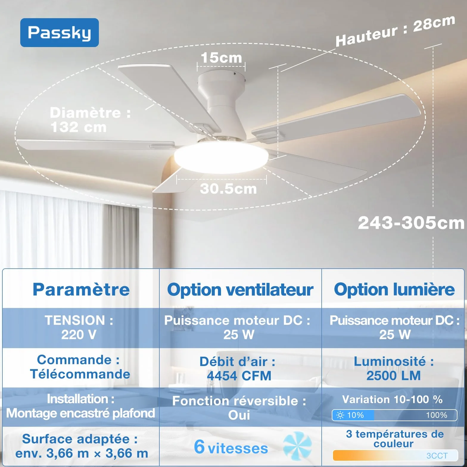 Ventilateur de plafond Passky 132 cm avec éclairage télécommande moteur CC silencieux 5 pales 6 vitesses 3 températures de couleur minuterie blanc