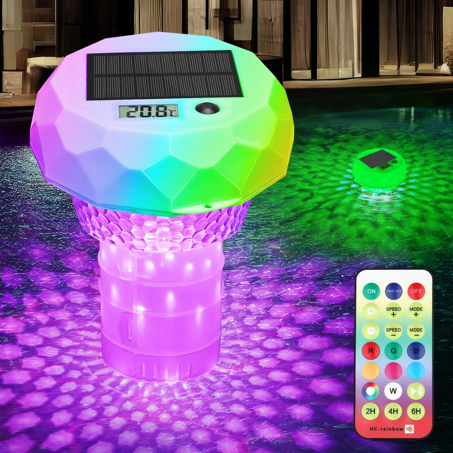 Lumière Piscine Solaire IP68 avec Diffuseur Chlore, Télécommande, 8 Couleurs, Minuterie