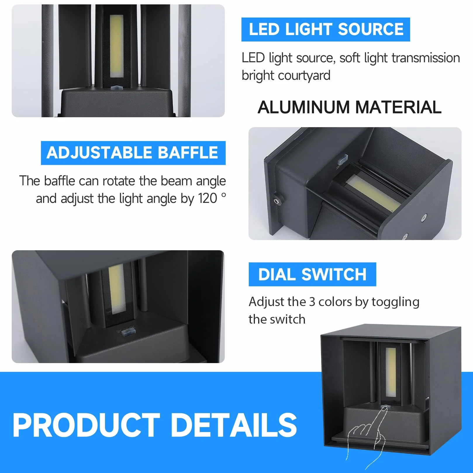 FUPE LED 15W Applique Murale Extérieure IP65 Étanche Lumière Réglable 3 Couleurs Aluminium 11cm Anthracite