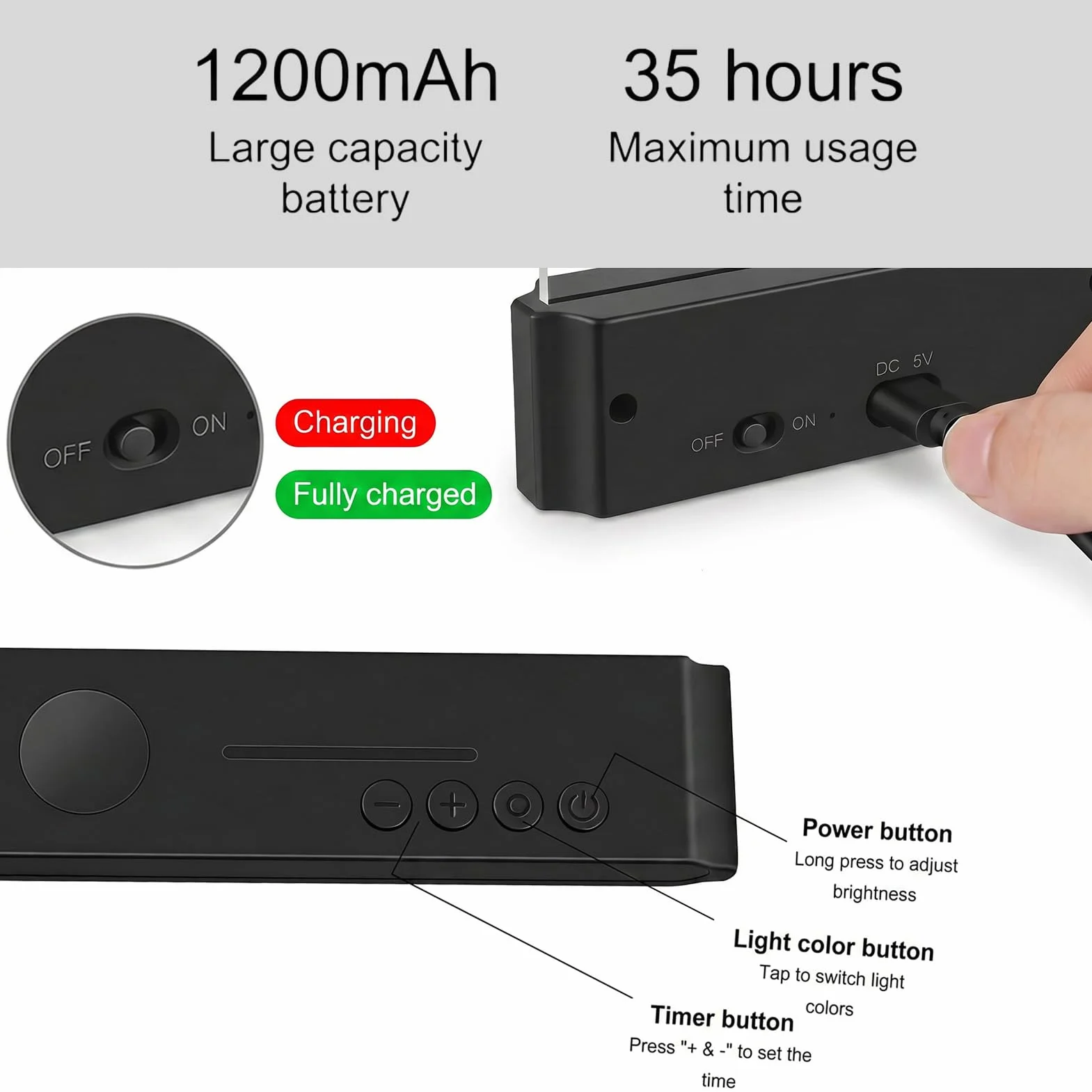 Lampe de Lecture LED Rechargeable USB avec Minuterie 0-99 Min, 3 Modes de Couleur, Intensité Réglable, Portable, Noir