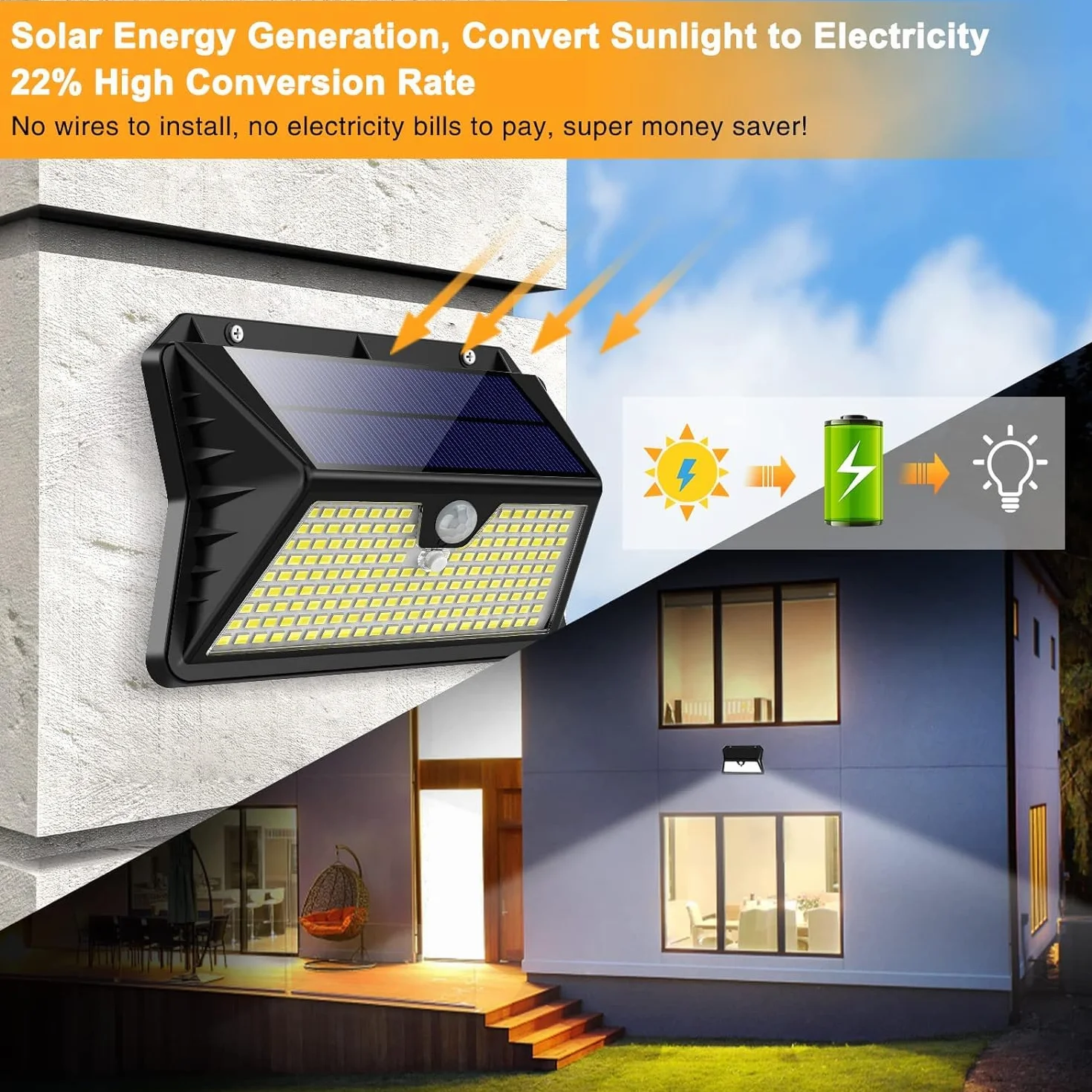 OUILA Lampe Solaire Exterieur 185 LED IP65 Etanche avec Detecteur 3 Modes Projecteur Eclairage 2-Pack