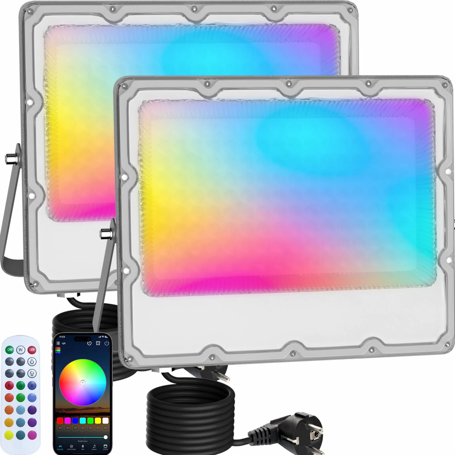 Projecteur LED RGB 100W Extérieur IP66 Étanche avec APP Bluetooth 2.4G Télécommande 10000LM