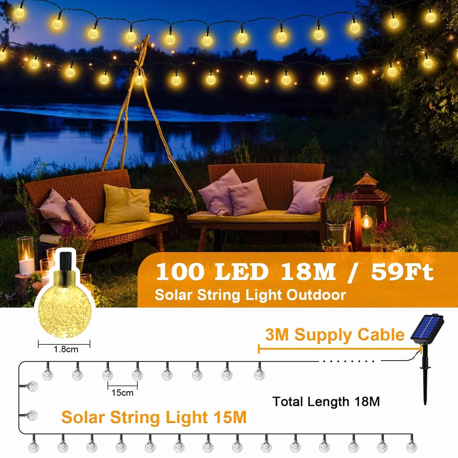 Guirlande Lumineuse Exterieure Solaire 18M 100 LED IP65 8 Modes Blanc Chaud
