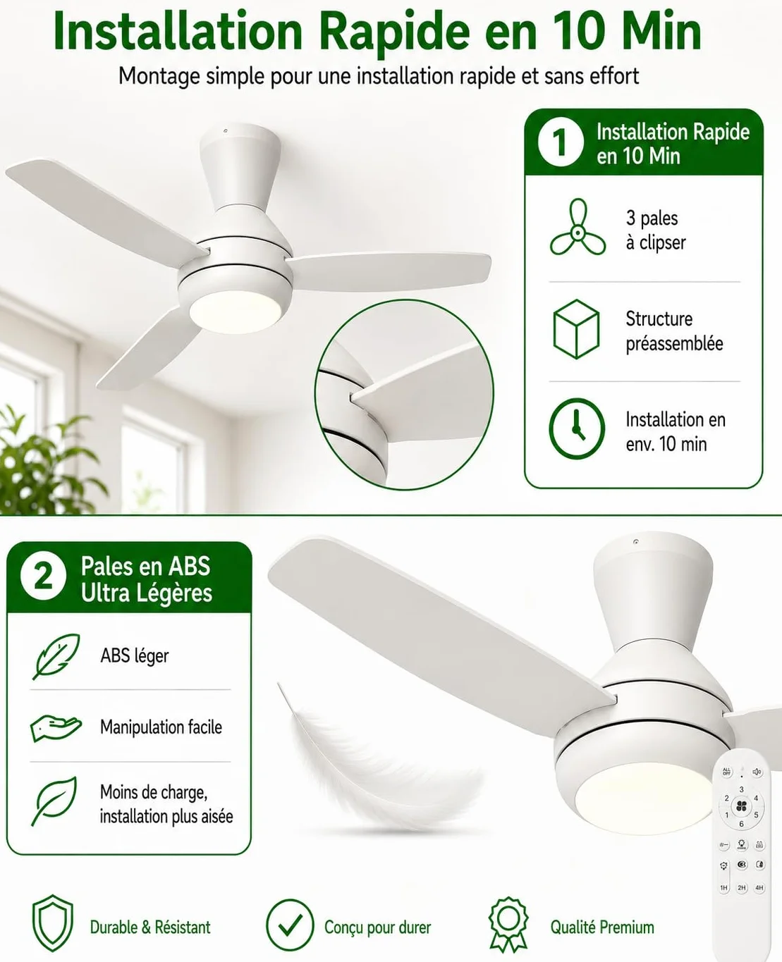 Airwit Ventilateur Plafond avec Lumiere LED 106cm, 3 Pales, Dimmable, Telecommande, Blanc