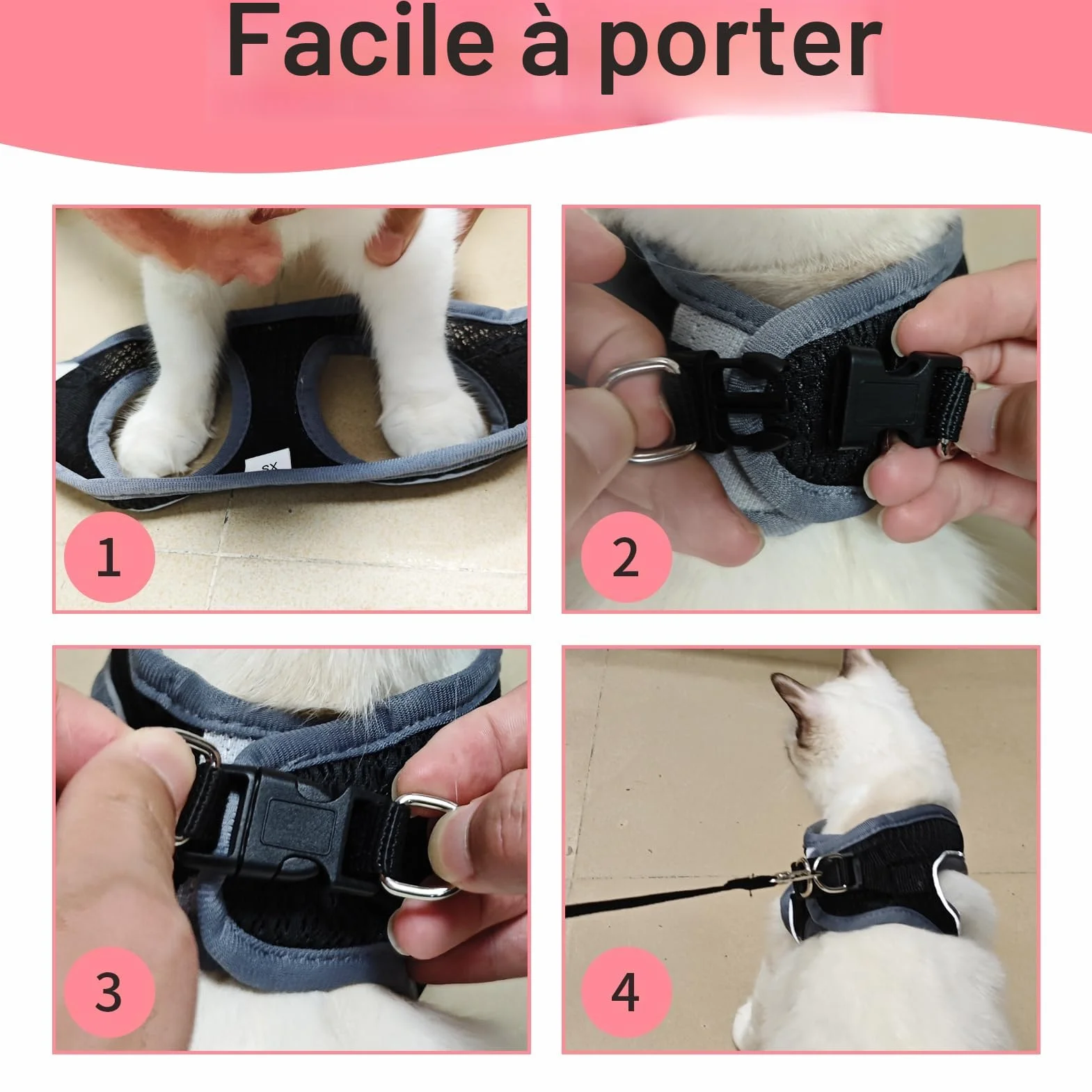 Harnais pour Chat Anti-éclatement Réglable avec Laisse, Doublure Lombaire Douce, Maille Respirante, Bandes Réfléchissantes (Noir XXS)