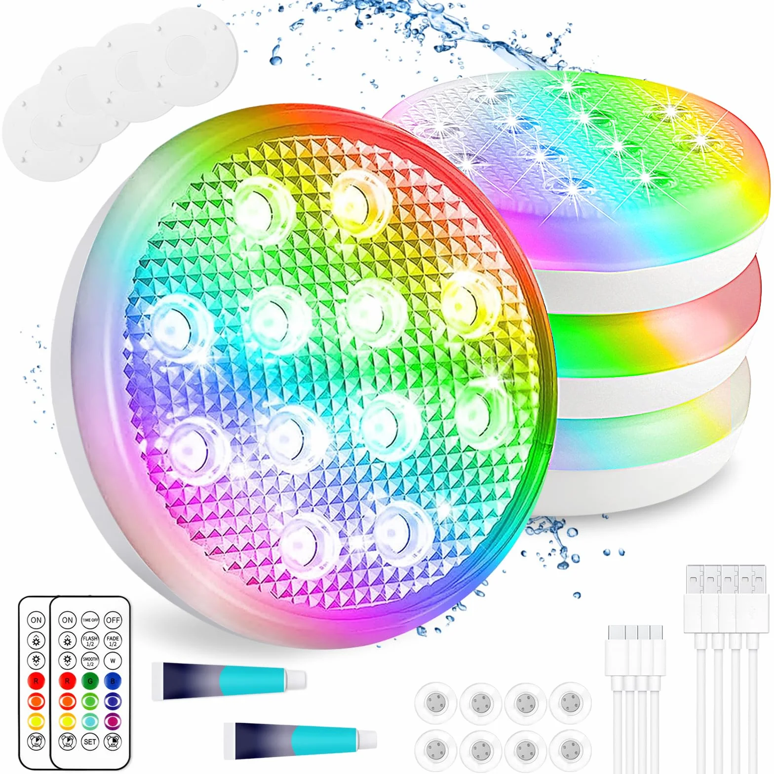TEPENAR Lot de 4 lampes de piscine submersibles rechargeables USB-C avec télécommande 16 couleurs étanches aimant