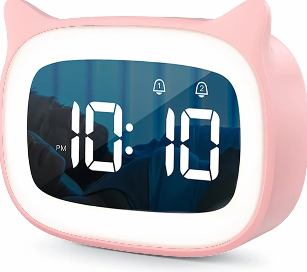 Réveil Enfant Éducatif Radio avec Veilleuse Jour/Nuit, Deux Alarmes, 18 Musiques, LED Numérique, Snooze, Rechargeable, Rosa