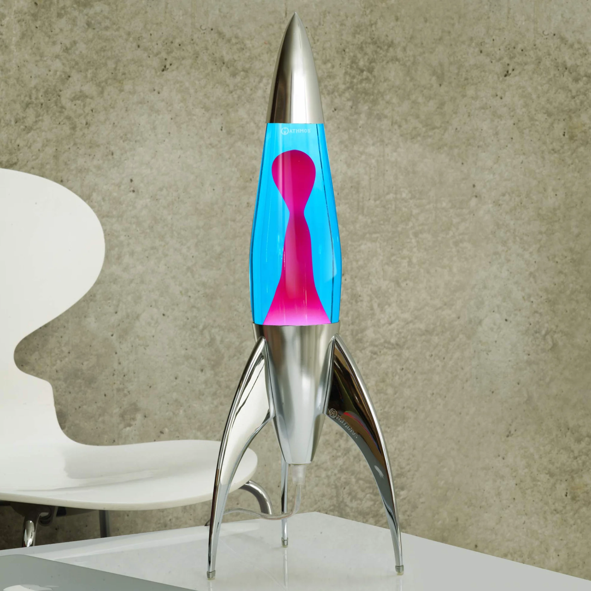 MATHMOS Lampe à lave fusée Telstar argentée bleu rose métal chromé remplie à la main Grande-Bretagne