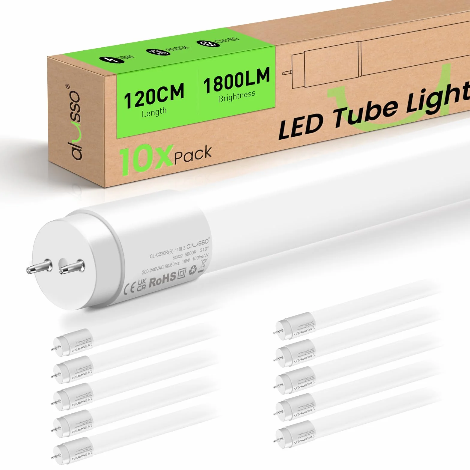 ALUSSO LED Röhre 120cm 6000K Kaltweiß T8 1800LM 18W G13 10er Pack