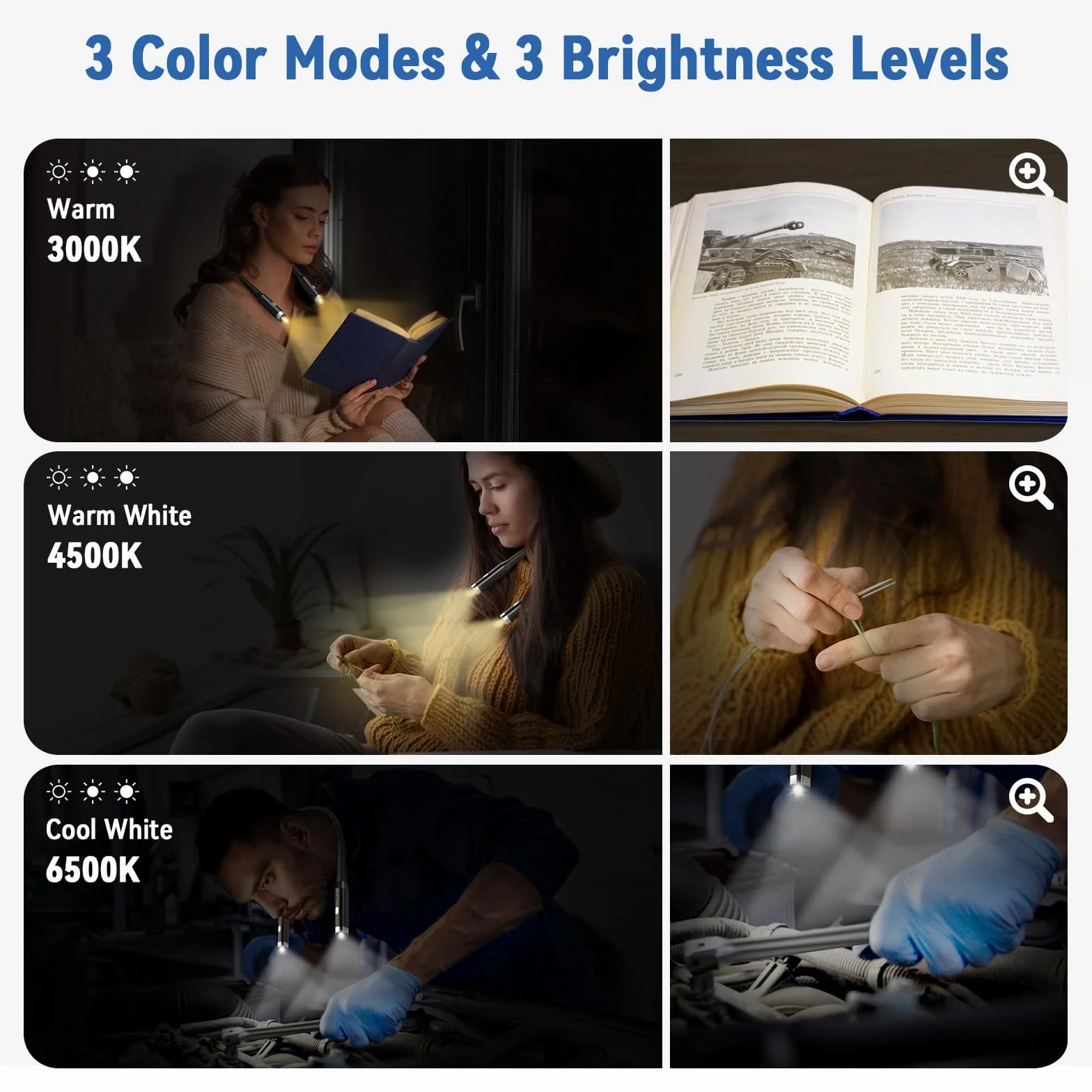 Diboniur Lampe de Lecture de Cou Rechargeable, 3 Couleurs 3 Niveaux Luminosité, Pliable 360°, LED USB Voyage Tricot Camping
