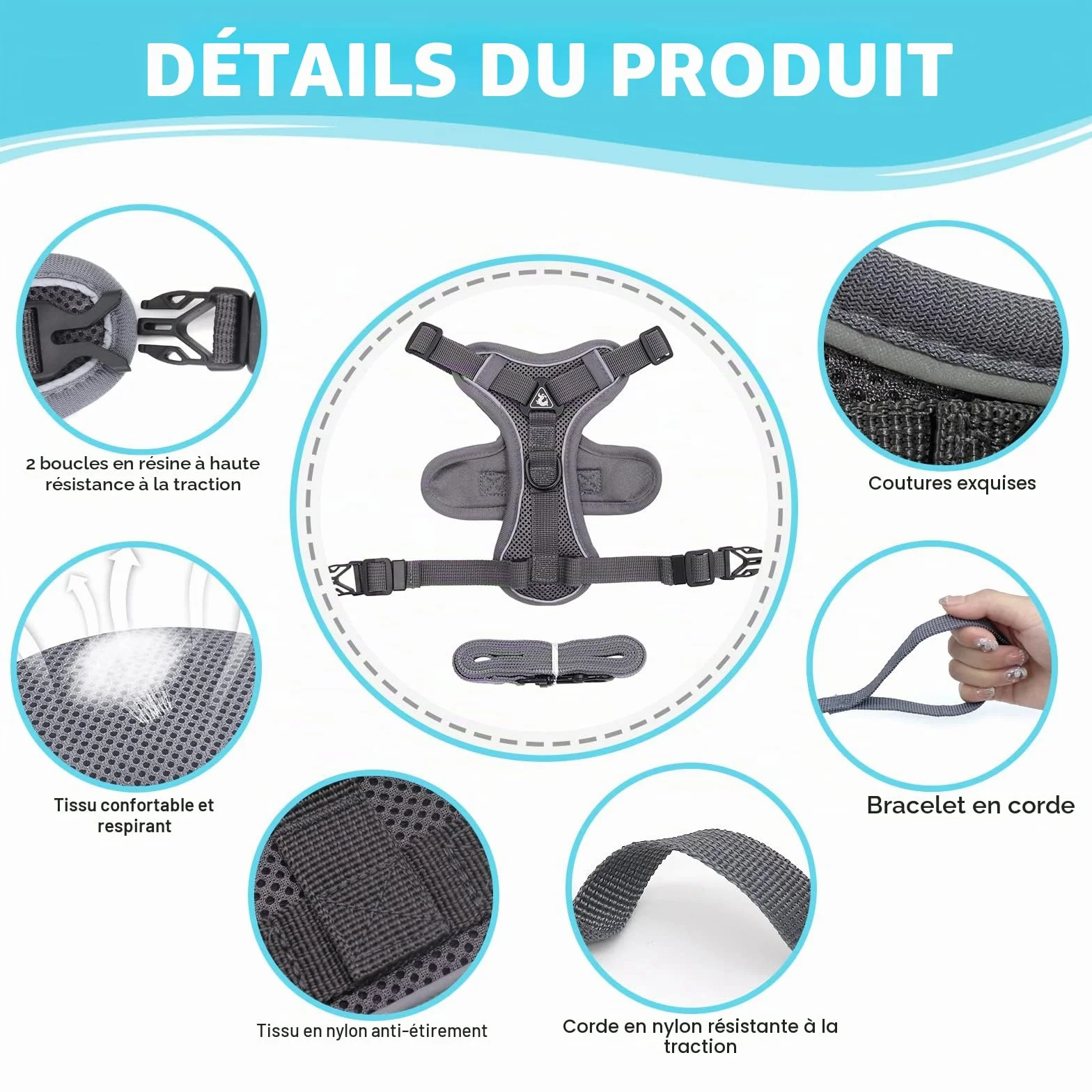 Grantop Harnais réglable anti-éclatement pour chat avec laisse Gris M