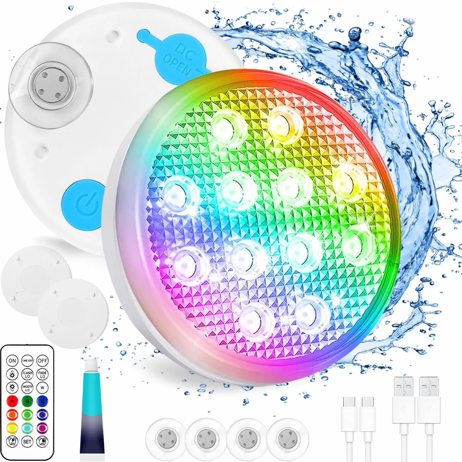 TEPENAR Lot de 2 lampes de piscine submersibles rechargeables USB-C télécommandées 16 couleurs avec aimant