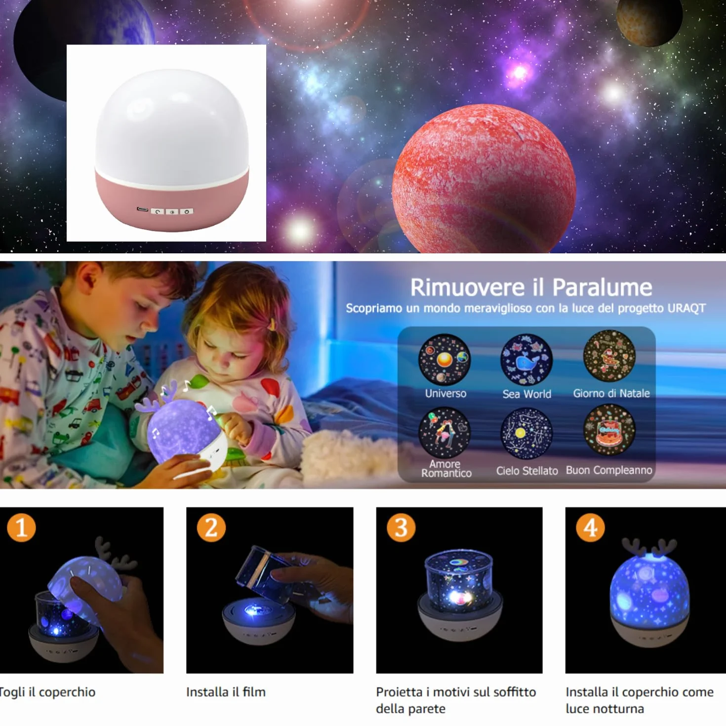 BEPER Projecteur d'étoiles pour enfants Veilleuse LED Projection espace animaux Rotation automatique