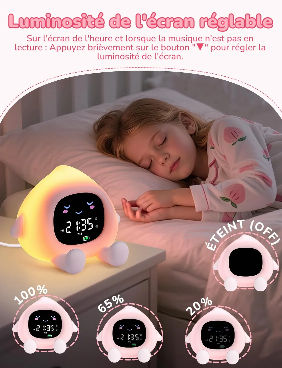 Réveil Enfant Éducatif Jour/Nuit 2 Alarme 7 Couleurs 30s Arrêt Automatique Luminosité Réglable Bruit Blanc 12/24 Heure Snooze 10 Chansons