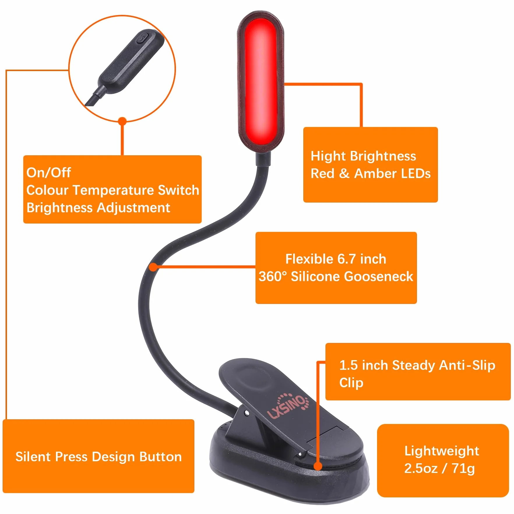 Ambre & Rouge Lampe de Lecture Liseuse Clip Rechargeable 8 LED Protection des Yeux Gradation Continu 3 Couleurs 360° Cou Flexible Portable