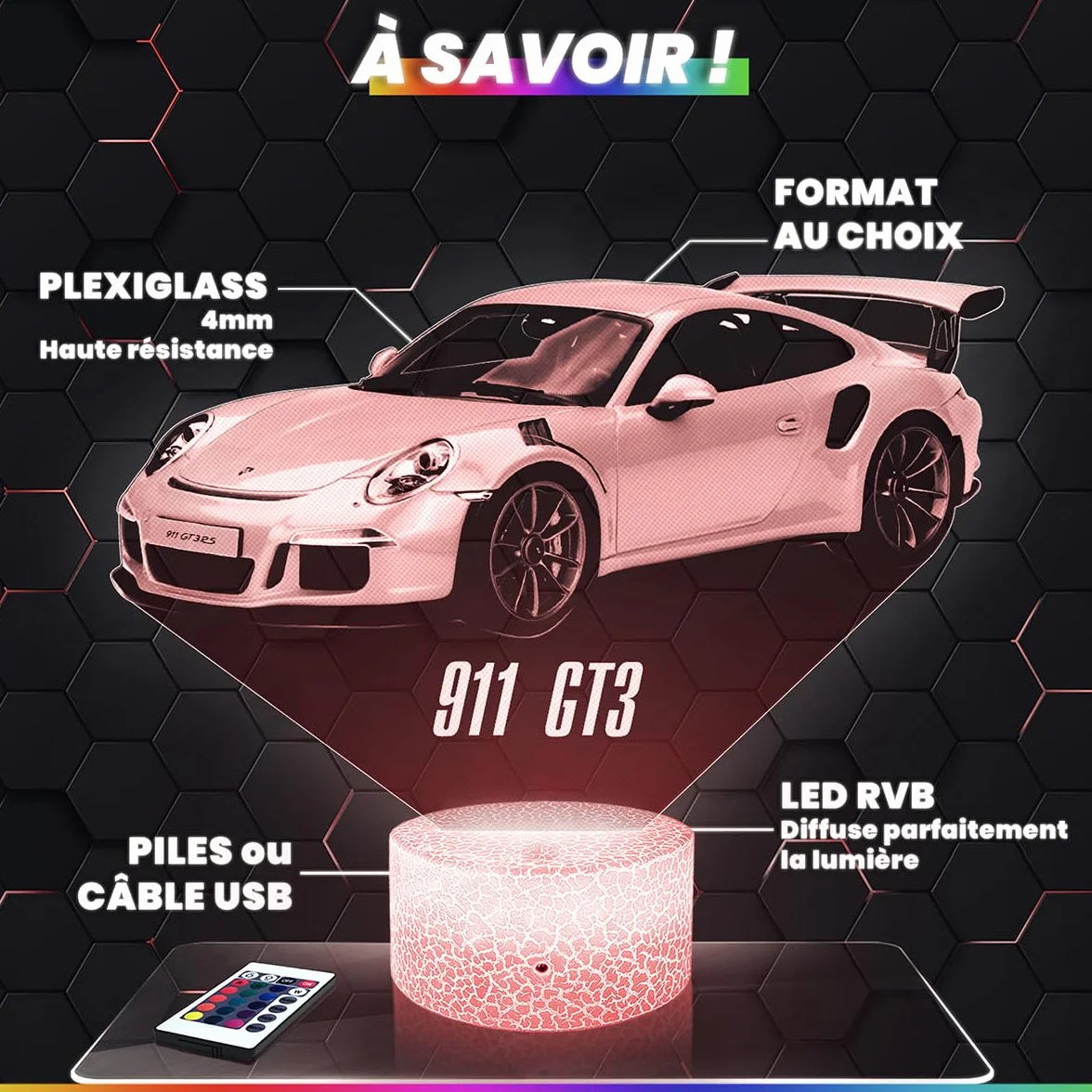 Lampe 3D Voiture Sportive Aventador, Veilleuse Tactile LED Illusion Effet Hologramme, Idée Cadeau Fan Automobile