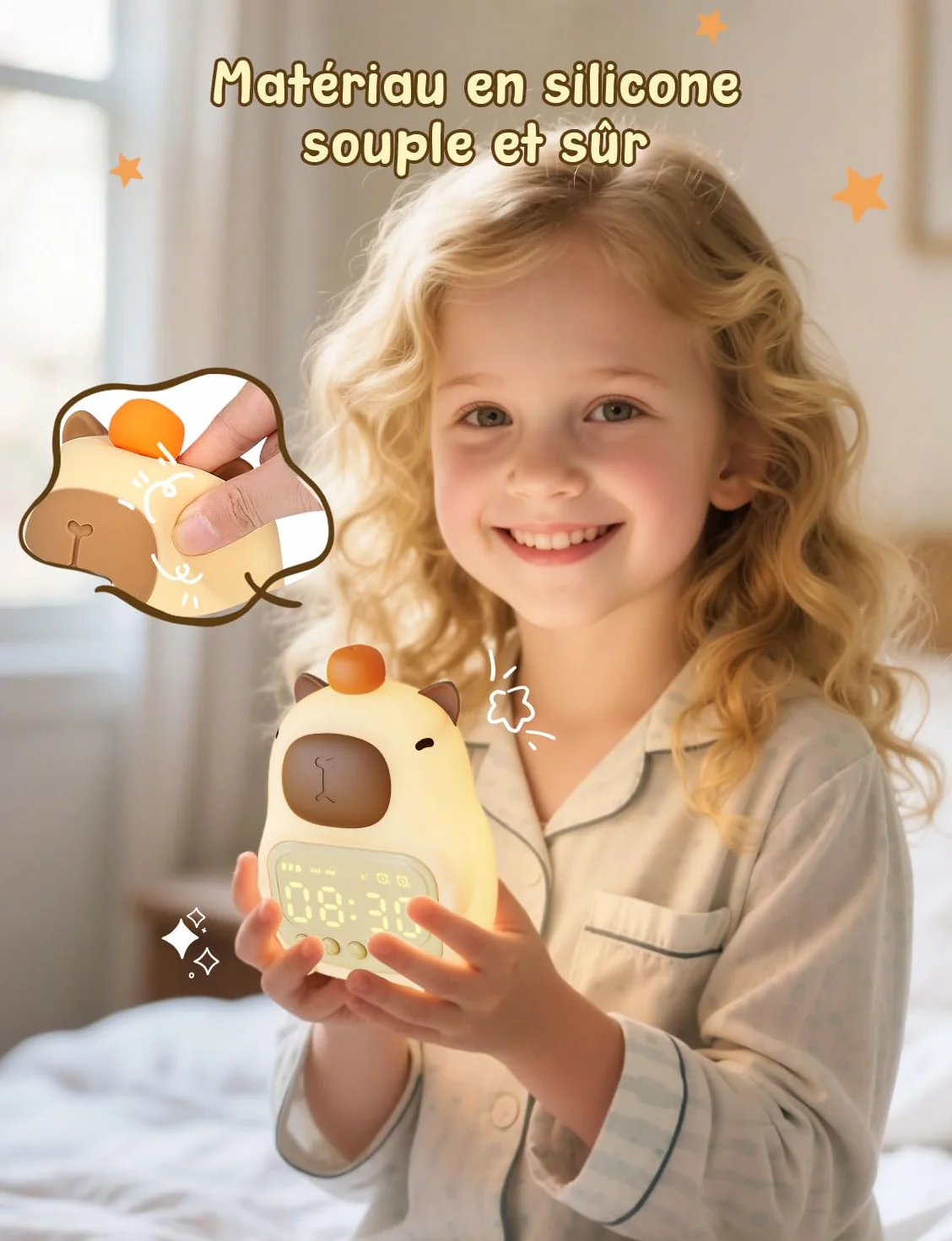 YISSVIC Réveil Enfants Capybara Veilleuse Silicone 2 Alarmes Fonction Répétition Affichage 12/24h Horloge Chevet