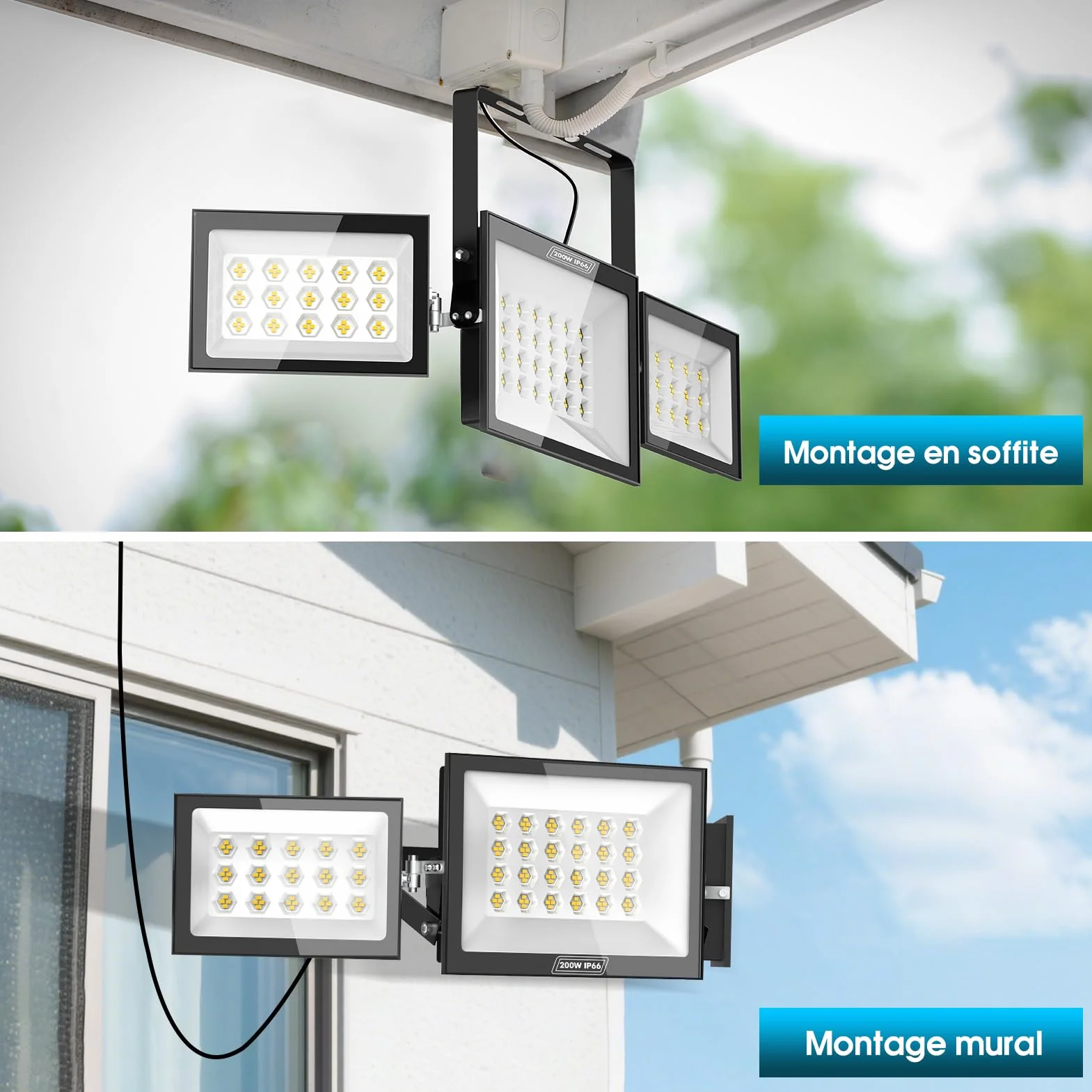Projecteur LED Extérieur 200W 20000LM 6500K IP65 3 Têtes Réglables