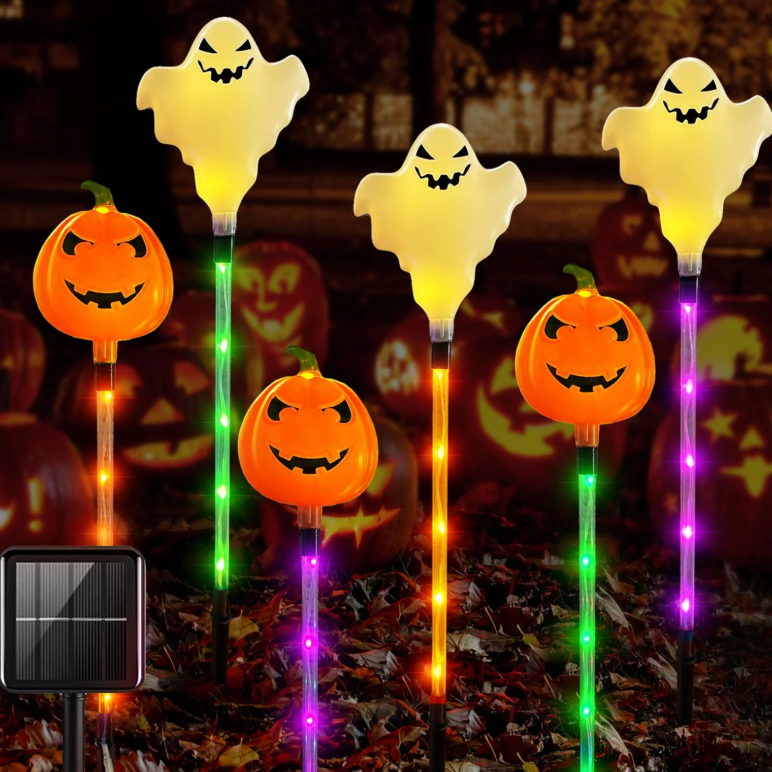 Décoration d'Halloween extérieure 6 pièces, lampes solaires LED, lanterne, pierre tombale