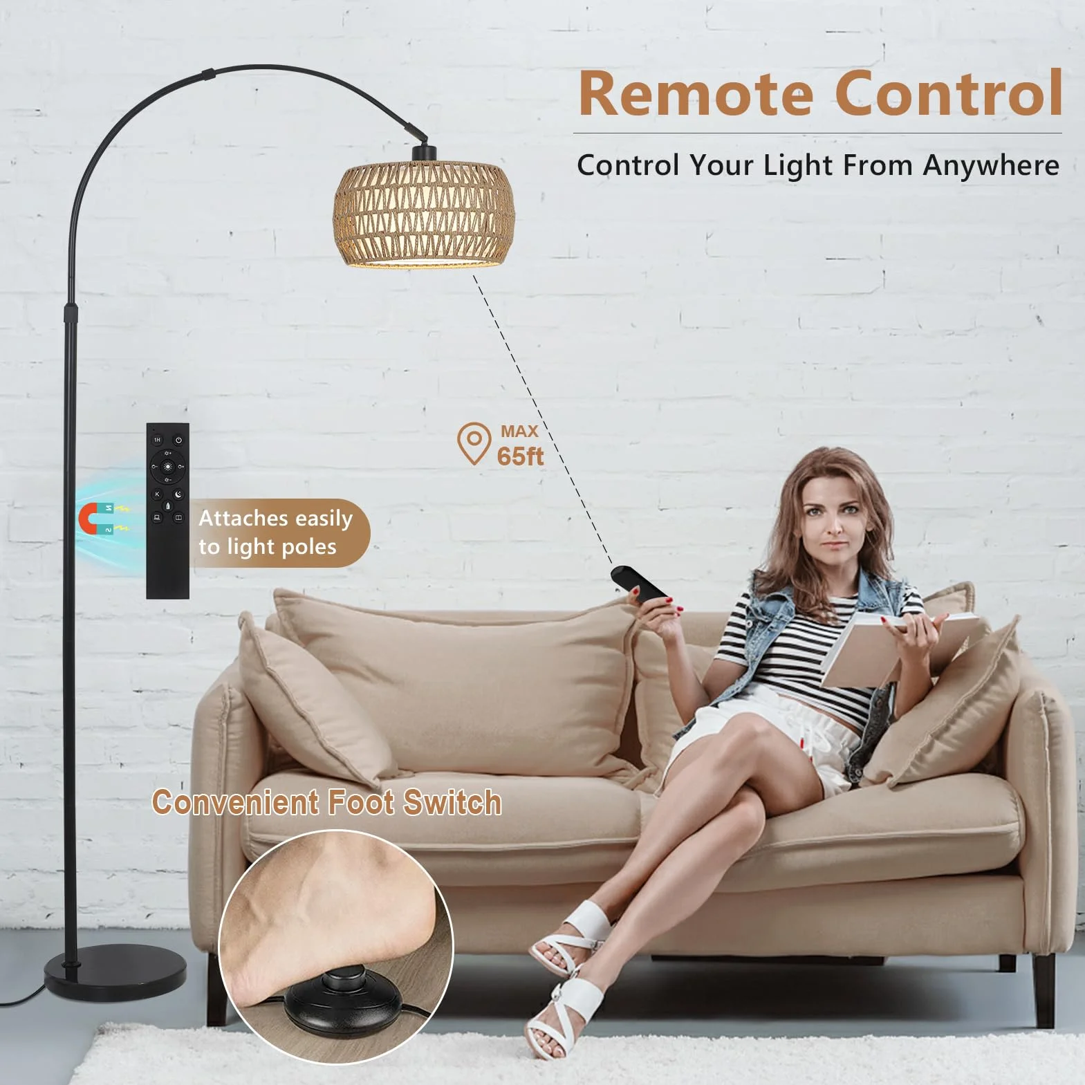 Rayofly Lampe à Arc Vintage avec Abat-Jour en Rotin, Télécommande et Ampoule LED, Contrôle par Application