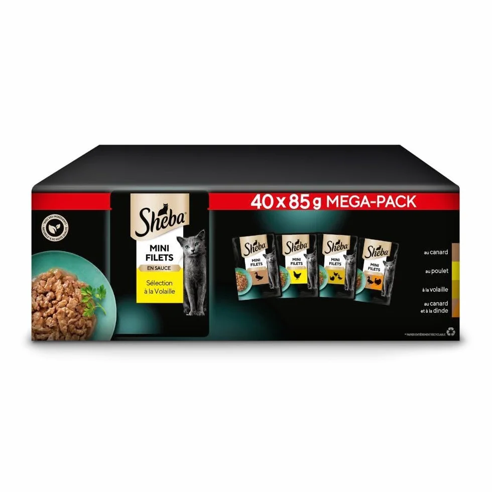 SHEBA Mini Filets Sachets Fraîcheur en Sauce Sélection à la Volaille pour Chat Adulte 40x85g