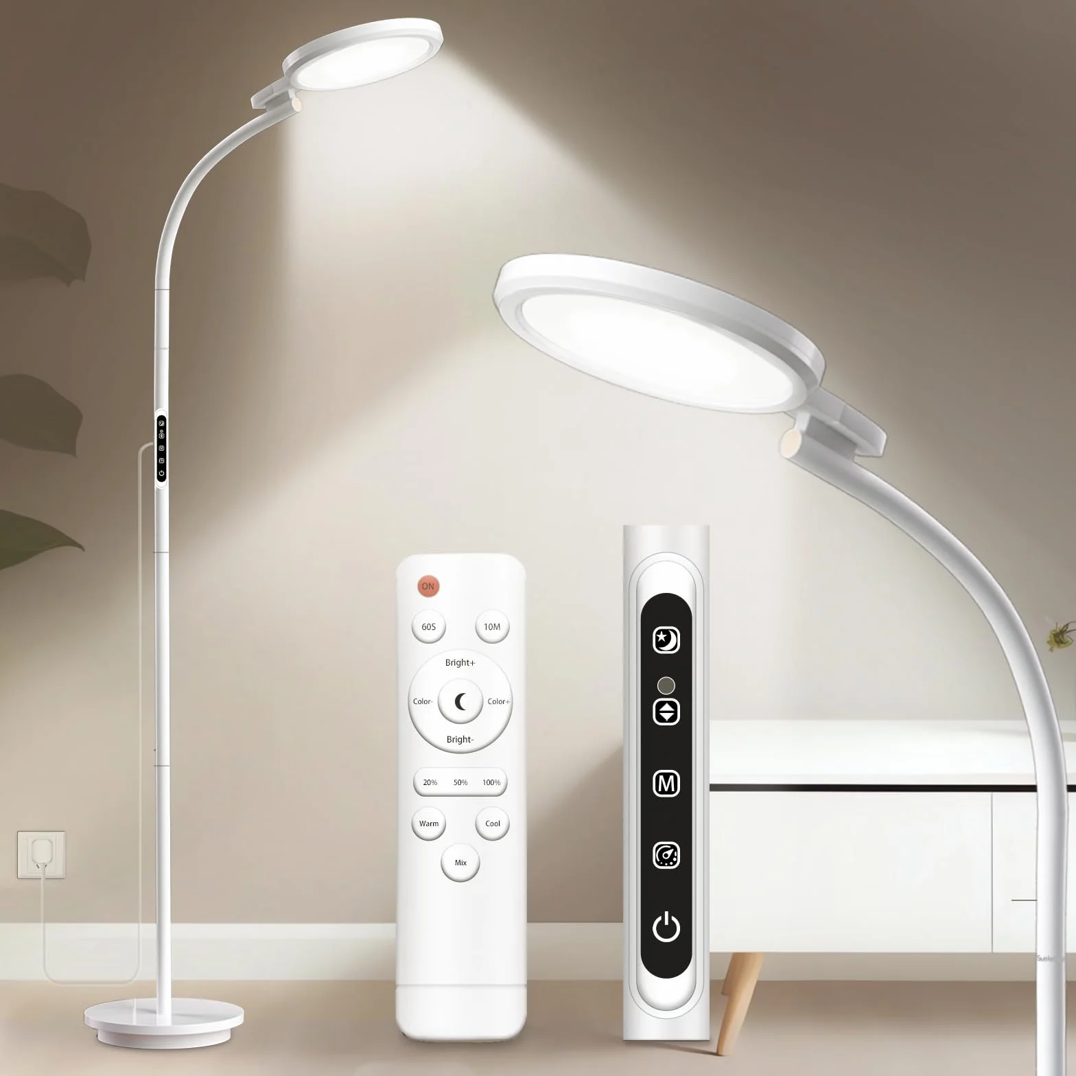 Lampe Luminothérapie 10000 Lux Lampadaire Rond 3-en-1 Télécommande Contrôle Tactile Col de Cygne Ajustable